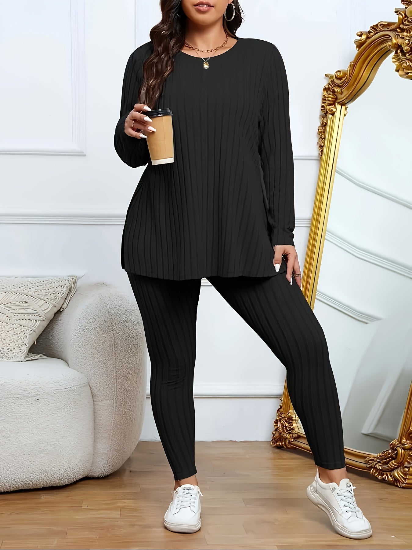 Plus Size Solid Ribbed Two-Piece Set - Soft Crew Neck Long Sleeve Split Top & Comfortable Pants Outfit
