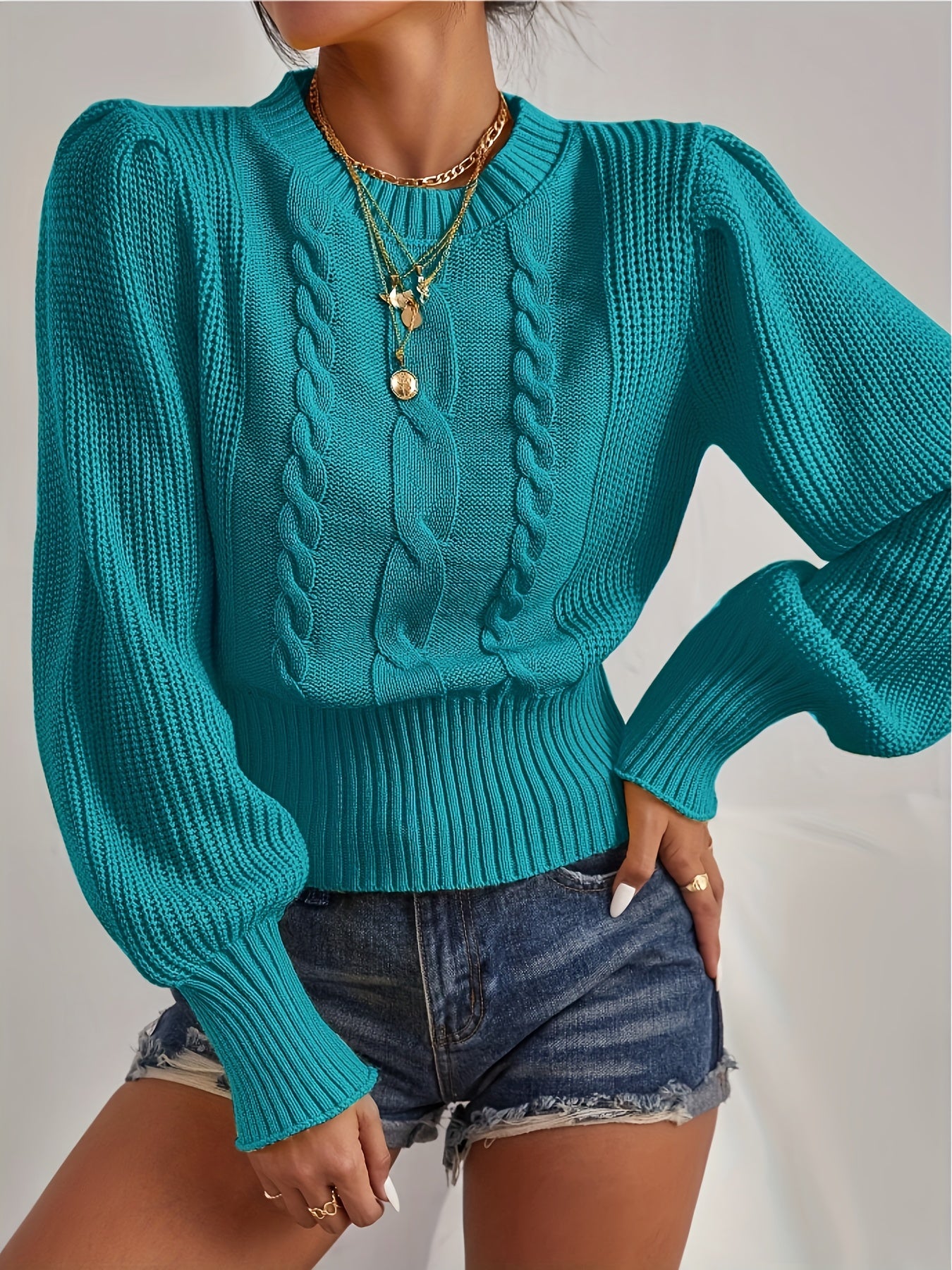 Soft Micro Elasticity Crew Neck Frill Pullover Sweater - Cozy Solid Color Lantern Sleeve Knit Fabric for Fall and Winter - Womens Casual Middle East Style Clothing