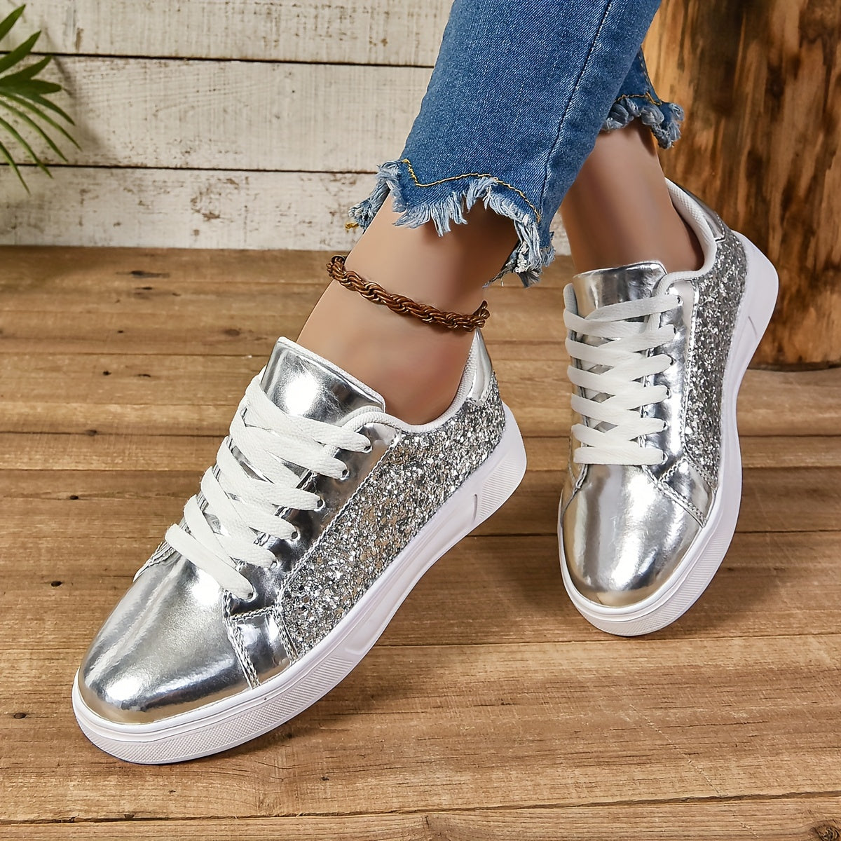 Vibrant Sparkly Sequins Low Top Sneakers - Comfortable Lace-Up Fabric Insole EVA Sole Microfiber Shoes for Everyday Casual Walking and Fashion Wear