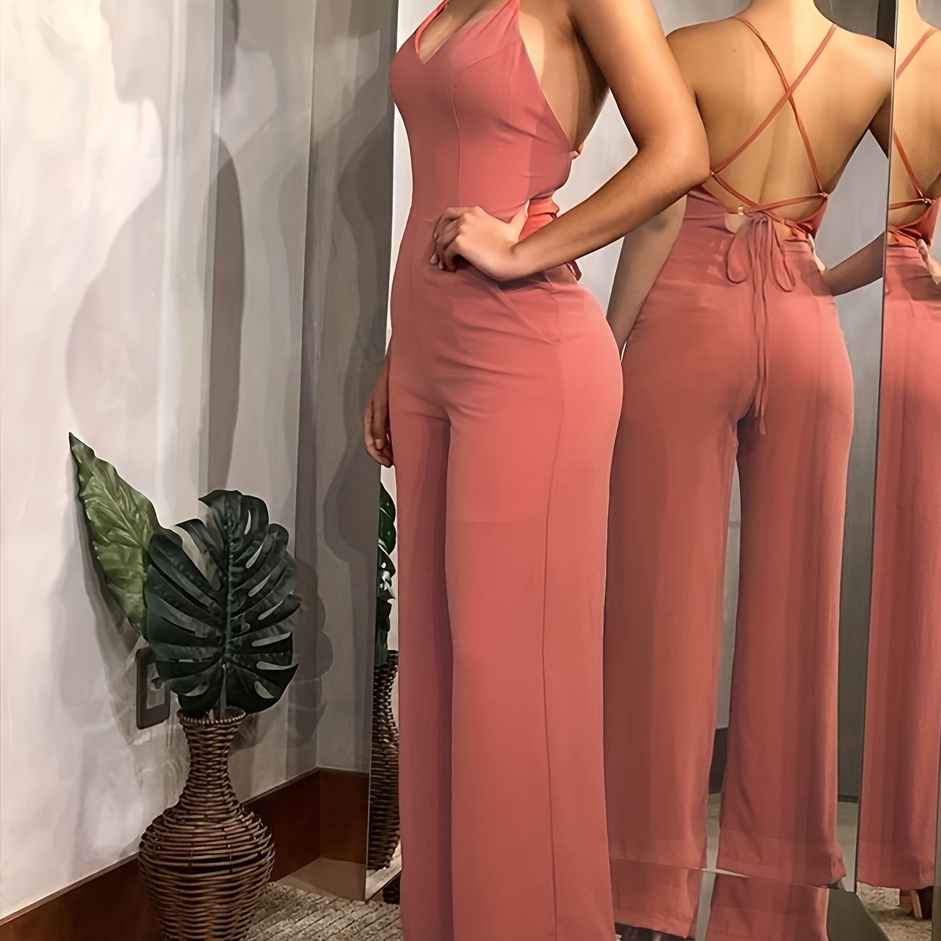 Cross Tie Back V-neck Jumpsuit, Sexy Solid Backless Jumpsuit