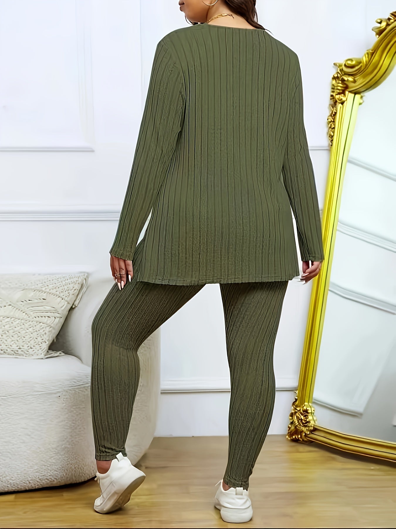 Plus Size Solid Ribbed Two-Piece Set - Soft Crew Neck Long Sleeve Split Top & Comfortable Pants Outfit