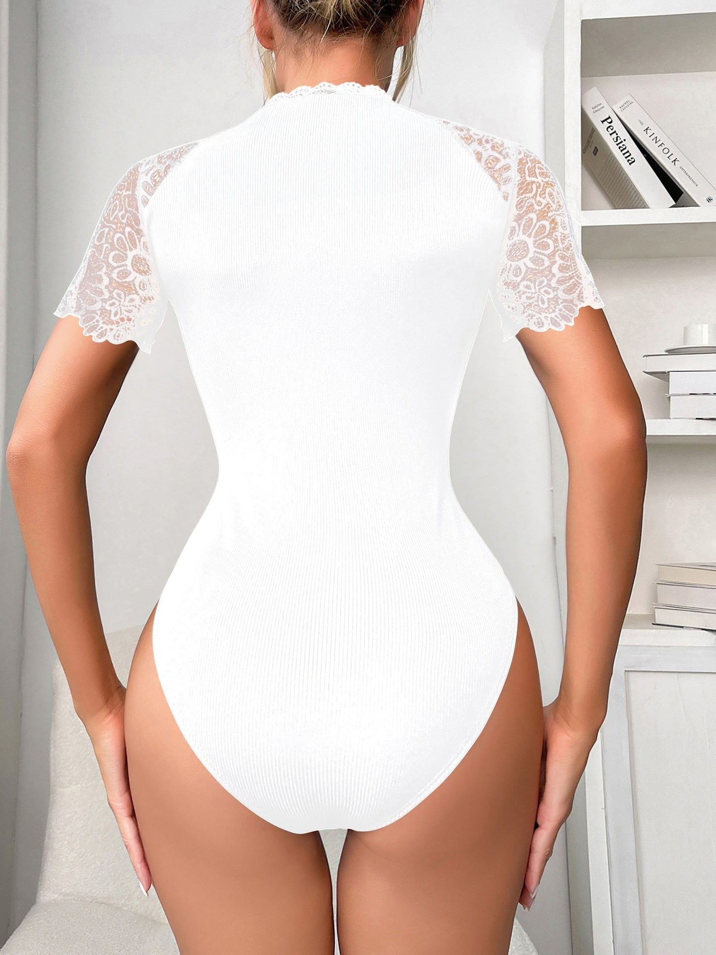 Chic Contrast Lace Bodysuit - Short Sleeve, Casual Style - Womens Slim Fit Fashion Essential