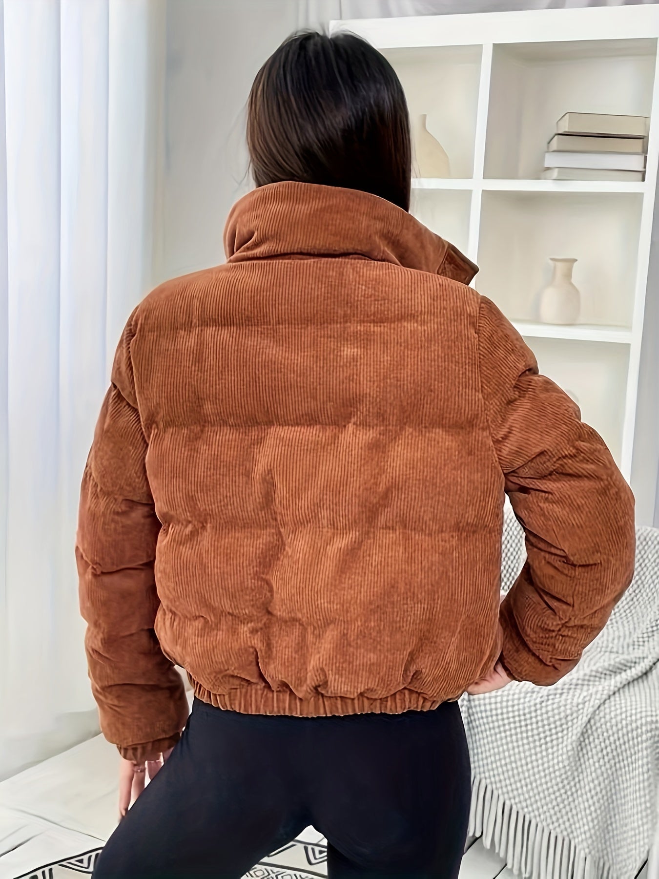 Zip Up High Neck Warm Coat, Casual Solid Long Sleeve Winter Outerwear, Women's Clothing