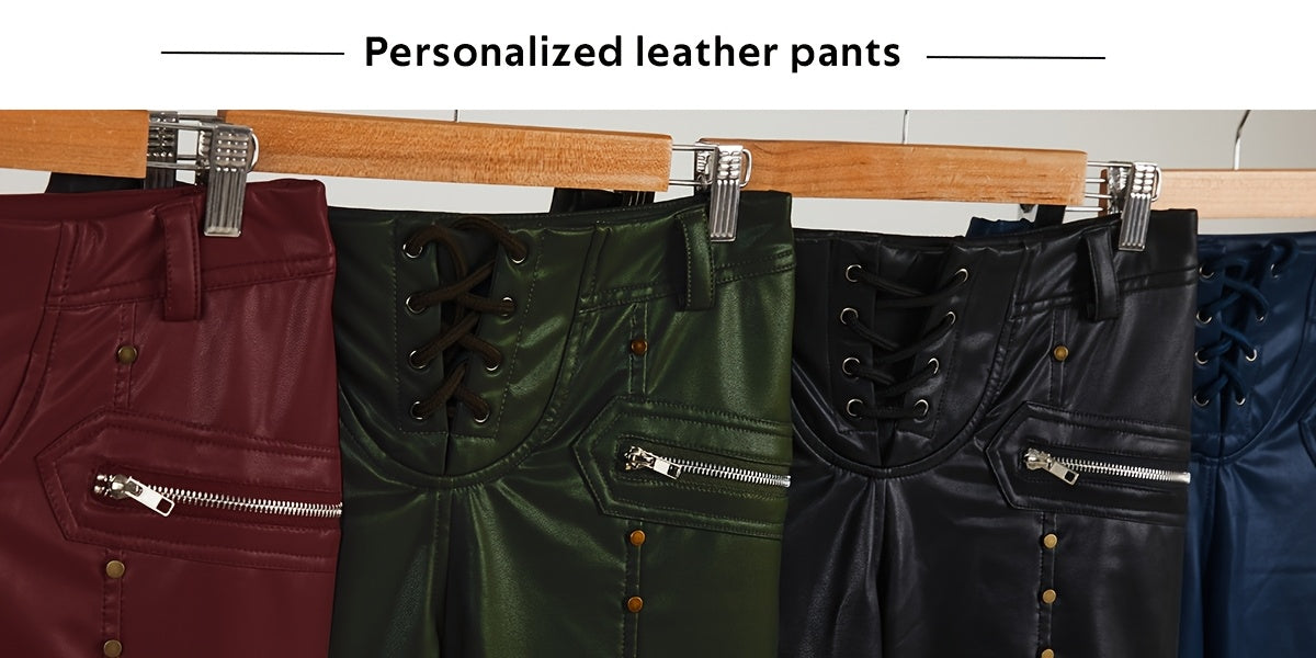 Leggings de cuero sintético para mujer, pantalones góticos punk ajustados de cuero PU, pantalones ajustados con tachuelas y tiro medio