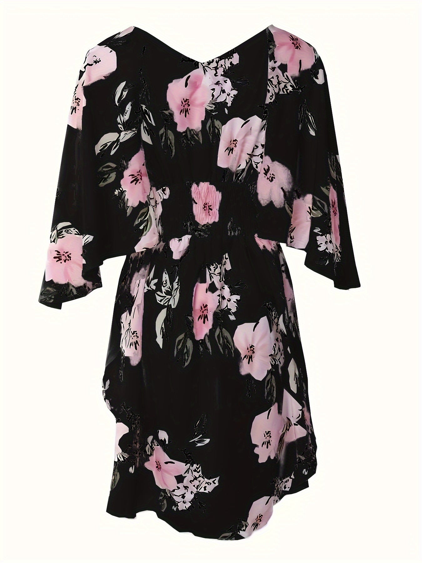 Plus Size Elegant Floral Print V-Neck Shirred Waist Dress - Flowy Irregular Hem, Comfortable and Breathable, Perfect for Spring and Summer, Womens Plus Size Clothing for Outdoor and Casual Occasions