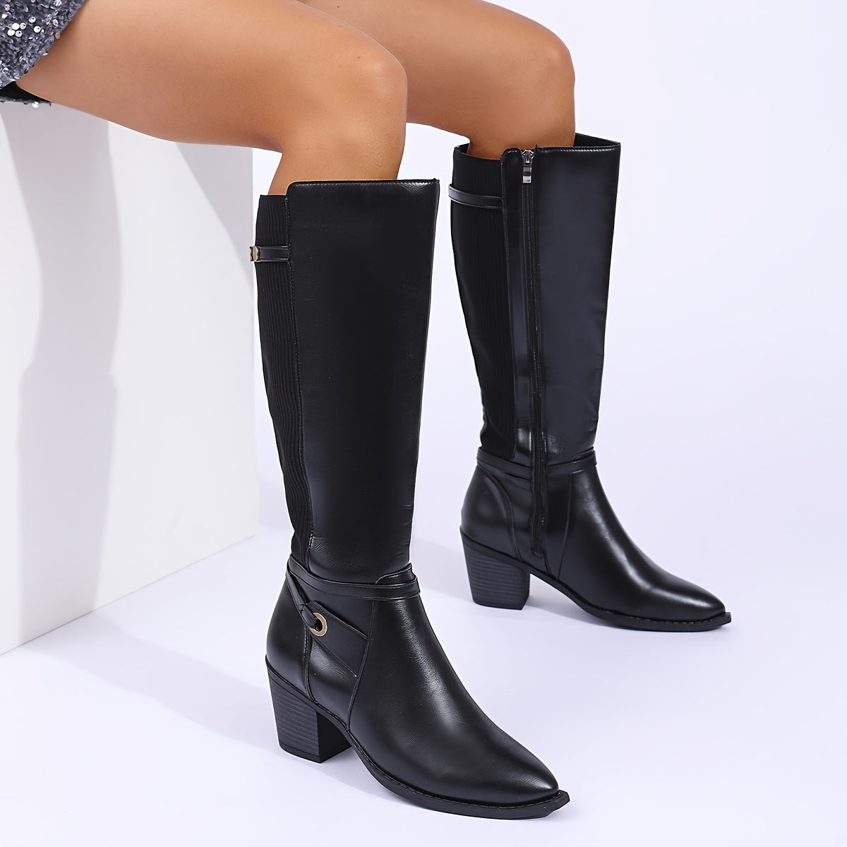 1 par de elegantes botas altas hasta la rodilla de color liso para mujer, punta puntiaguda, tacón de bloque, cierre de cremallera lateral, forro de tela cómodo, suela de goma, botas de vestir para todas las estaciones
