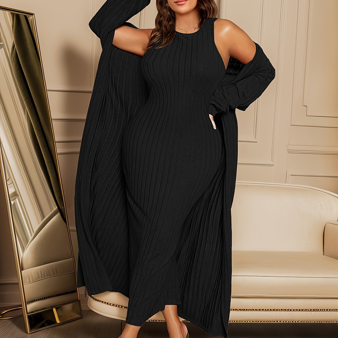 Large Ribbed Two-piece Set, Long Sleeved Cardigan And Sleeveless Formal Attire, Women's Curve Clothing