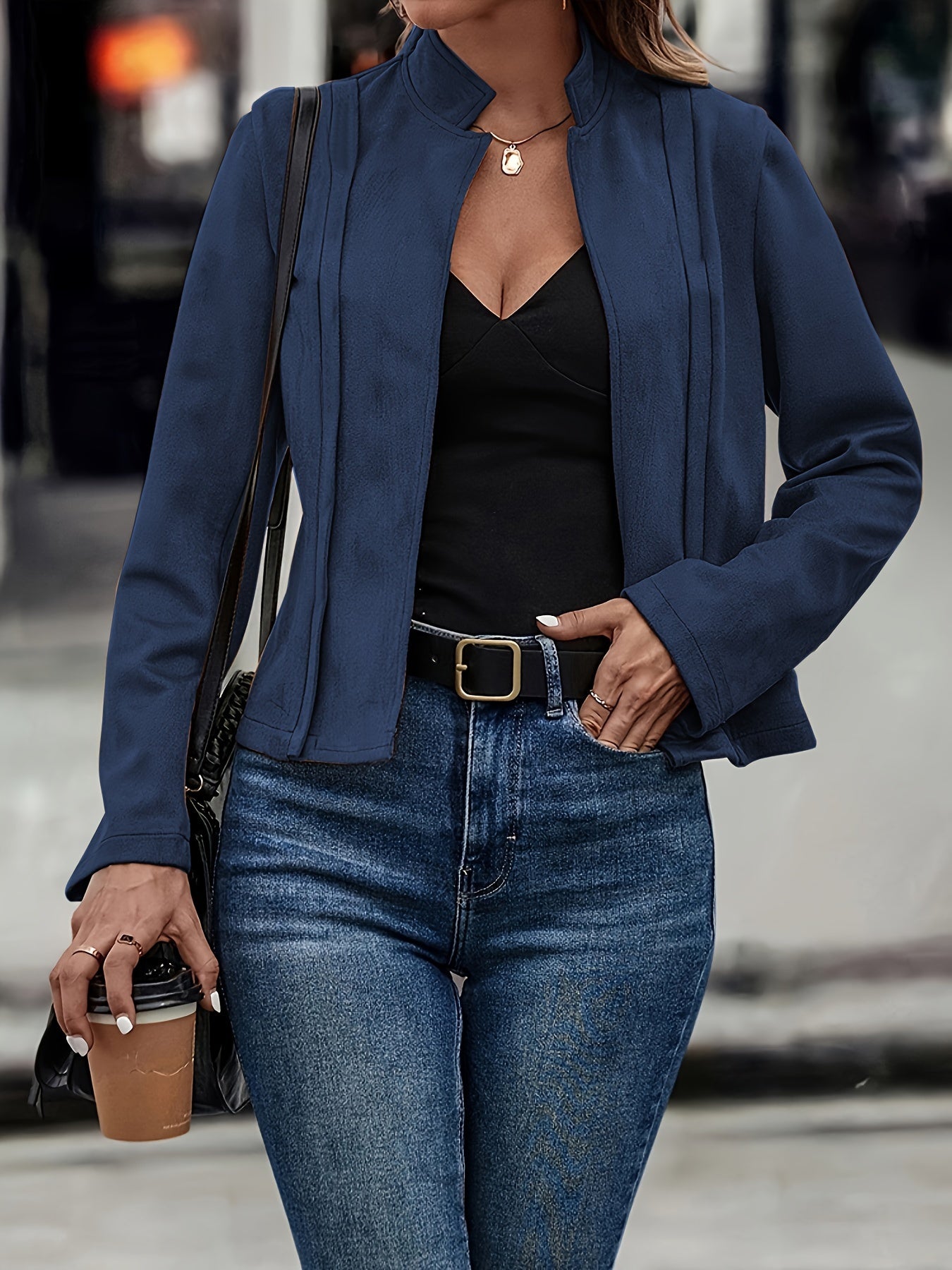 Chaqueta elegante de cuello alto y manga larga ajustada: diseño frontal abierto en color sólido suave, perfecta para la temporada de primavera y otoño, prenda elegante para mujer para uso diario