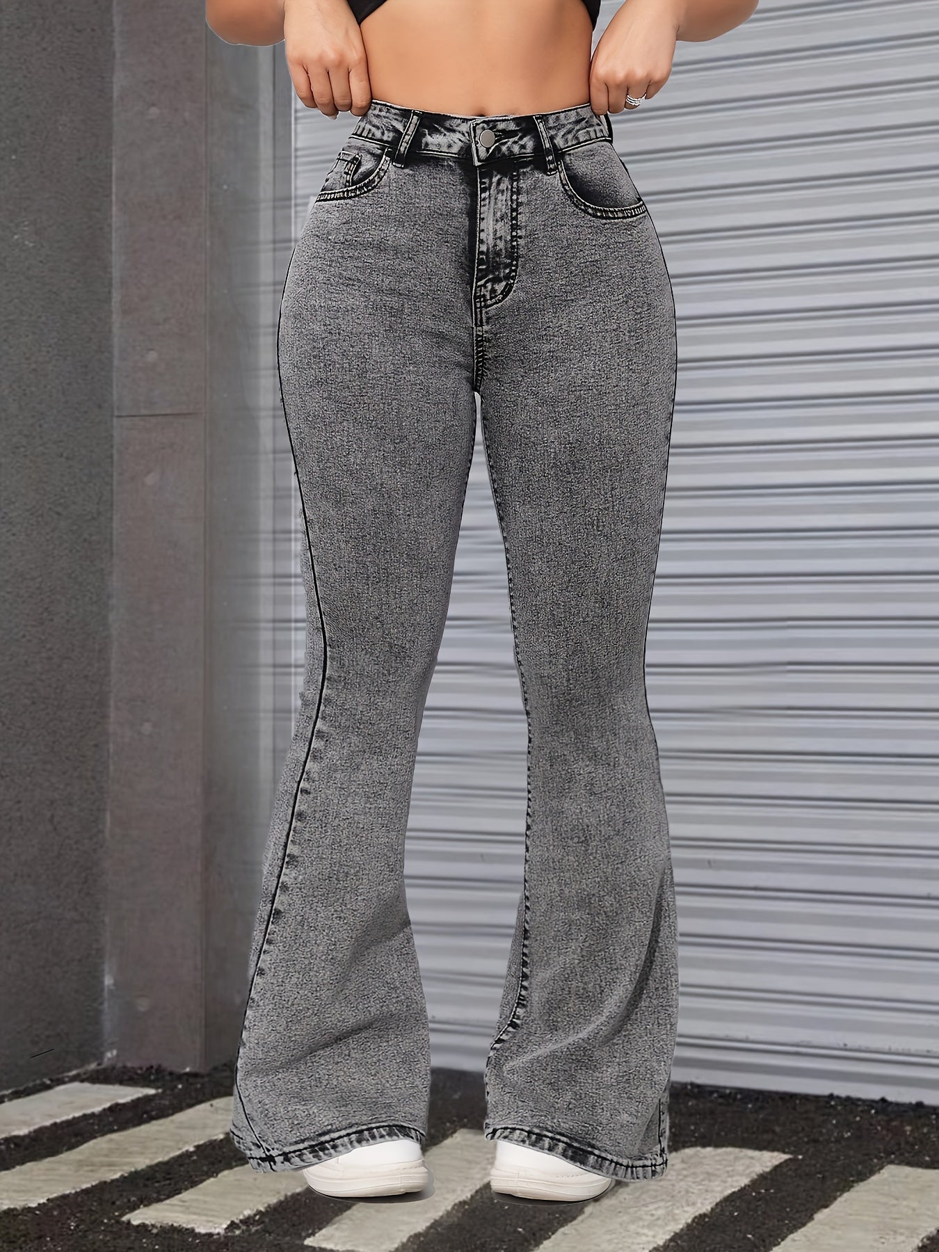 Washed Grey Flare Leg Casual Style Zipper Button Closure Denim Jeans