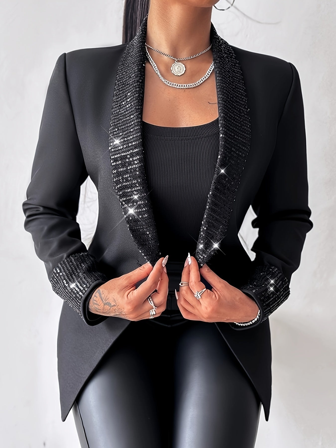 Elegant Sequin Shawl Collar Blazer Jacket, Long Sleeve Regular Fit, All-Season Woven Outerwear with Contrast Detail