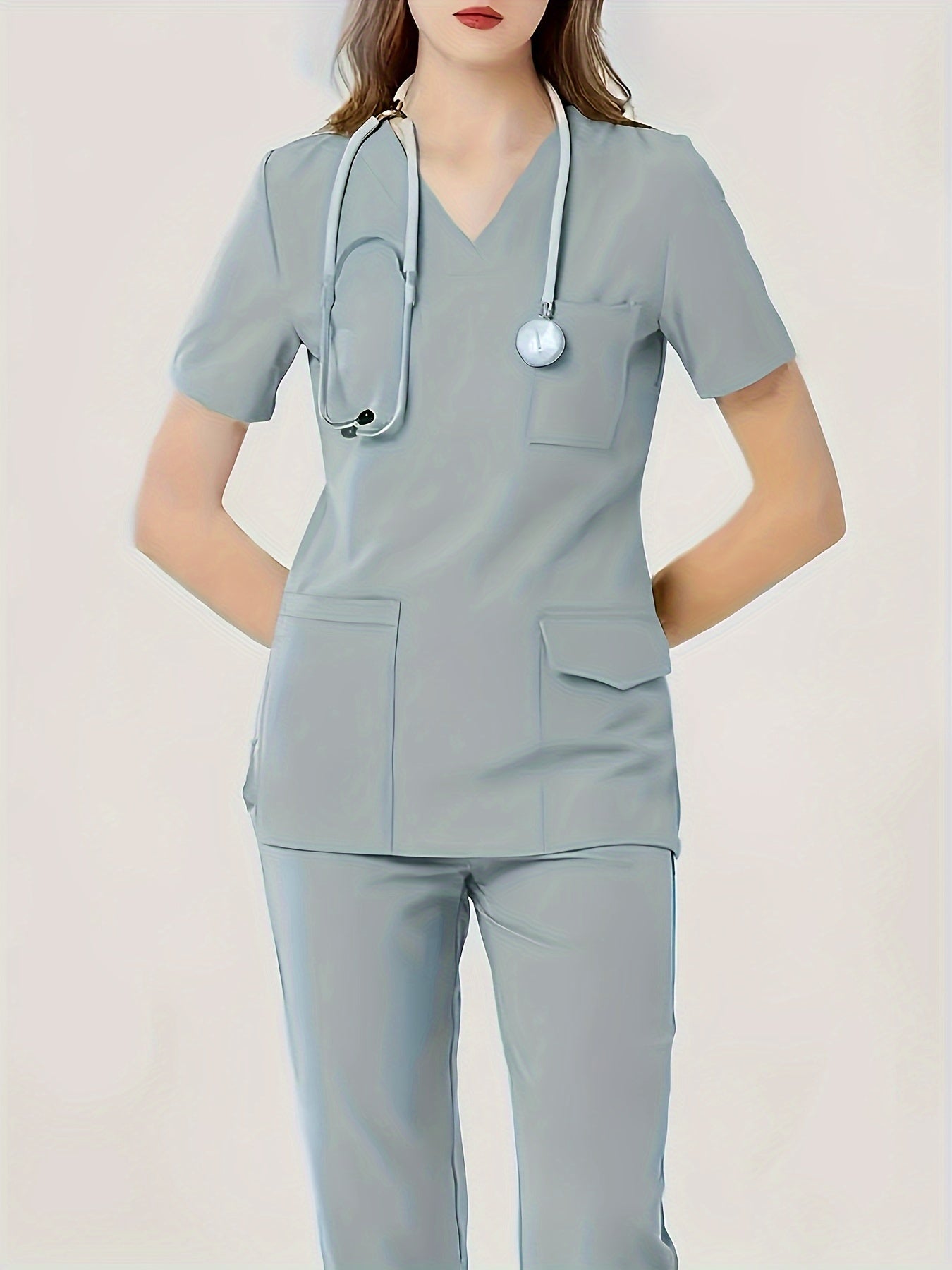 Ultra-Soft Womens Two-Piece Health Care Uniform Set - Stylish V-Neck Top With Practical Pockets & Sleek Solid Pants - Premium Quality, Comfortable Everyday Wear For Women