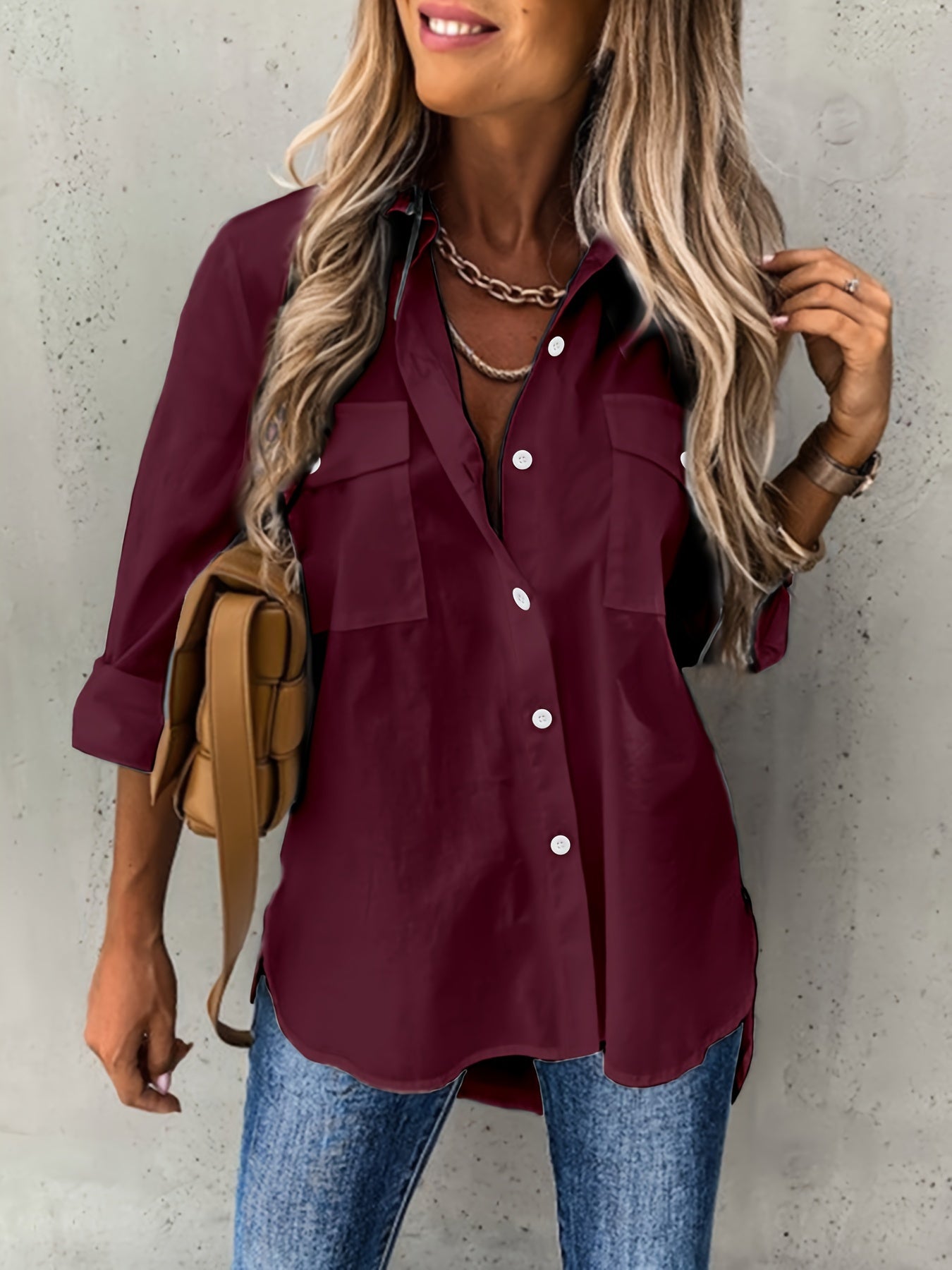 Camisa de mujer con cuello de solapa y manga larga, tejido de poliéster microelástico suave, semitransparente, detalle de bolsillo, ropa informal para todas las estaciones para la oficina y la vida diaria