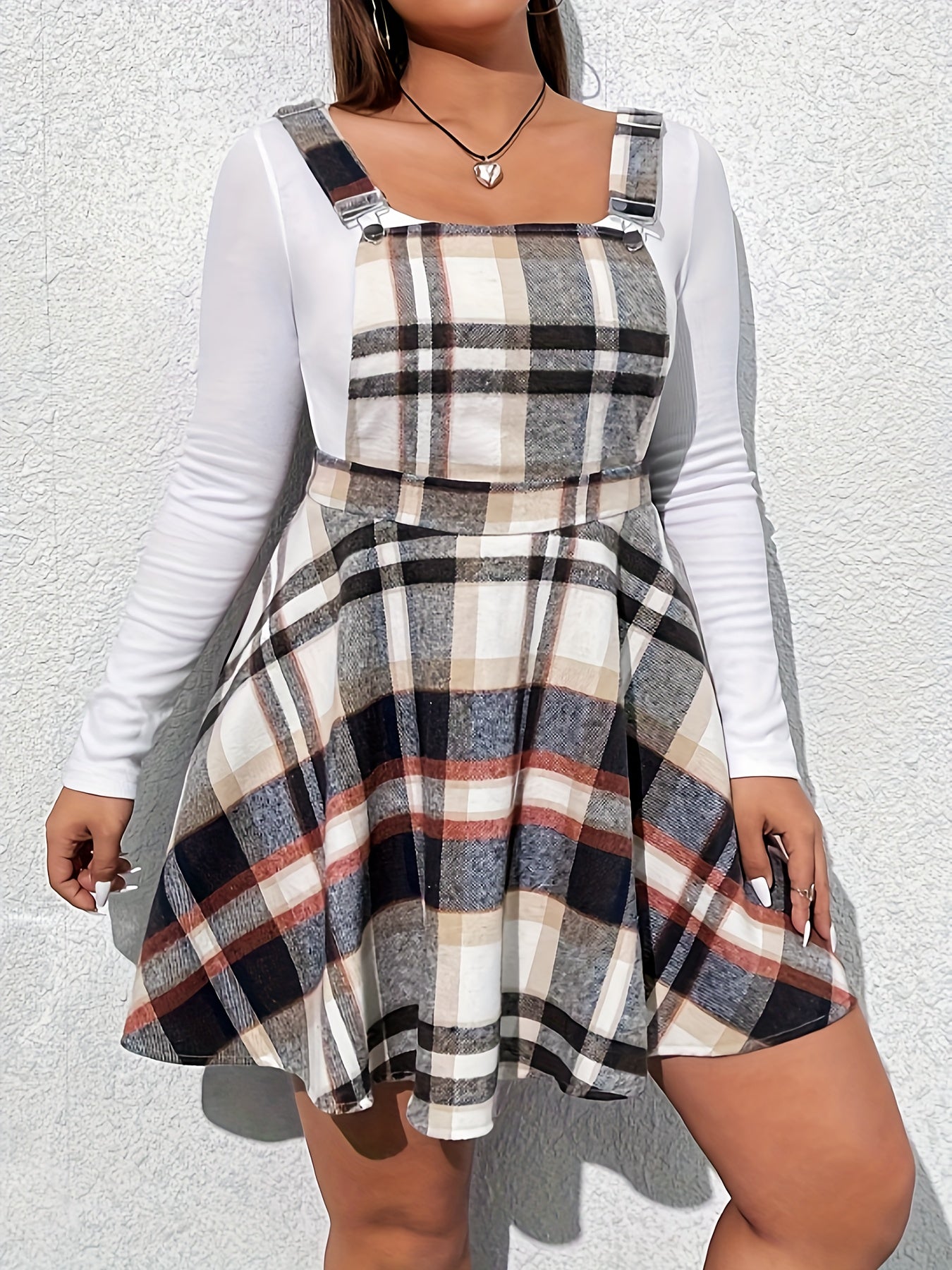 Stylish Plus Size Plaid Overall Dress - Women's Plus Size Clothing for Spring & Fall - Casual, Comfortable, and Versatile Dress for Curvy Women