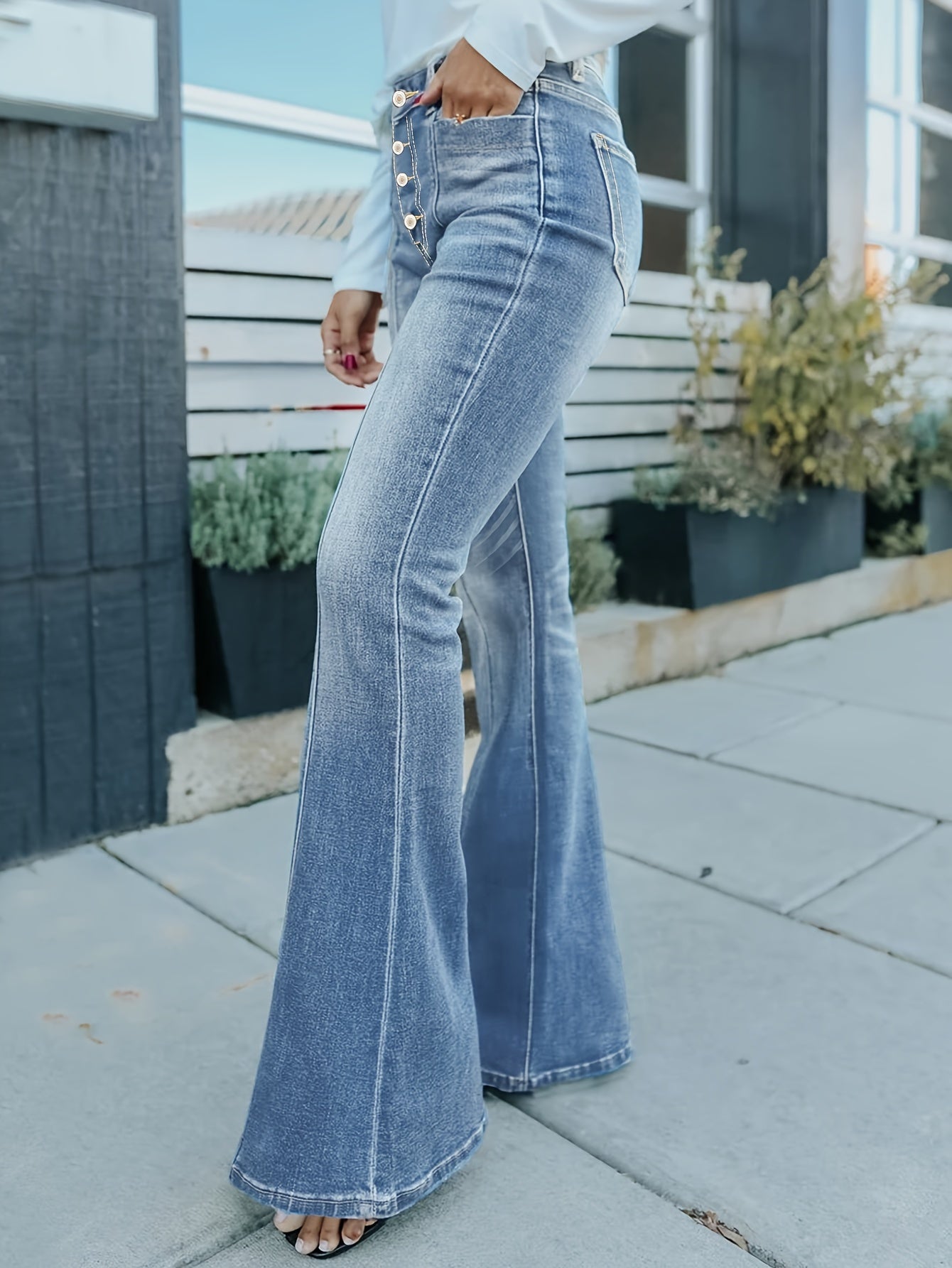 Stylish Plus Size Flare Leg Denim Pants - Women Plus - Single-Breasted, Whiskering, Pintuck Washed, Comfortable, High-Waisted, Fashionable Blue Jeans for Curvy Women