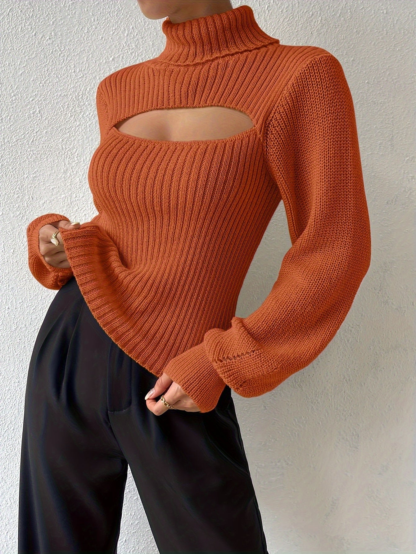 Stylish Plus Size Turtleneck Lantern Sleeve Cut Out Knitted Sweater