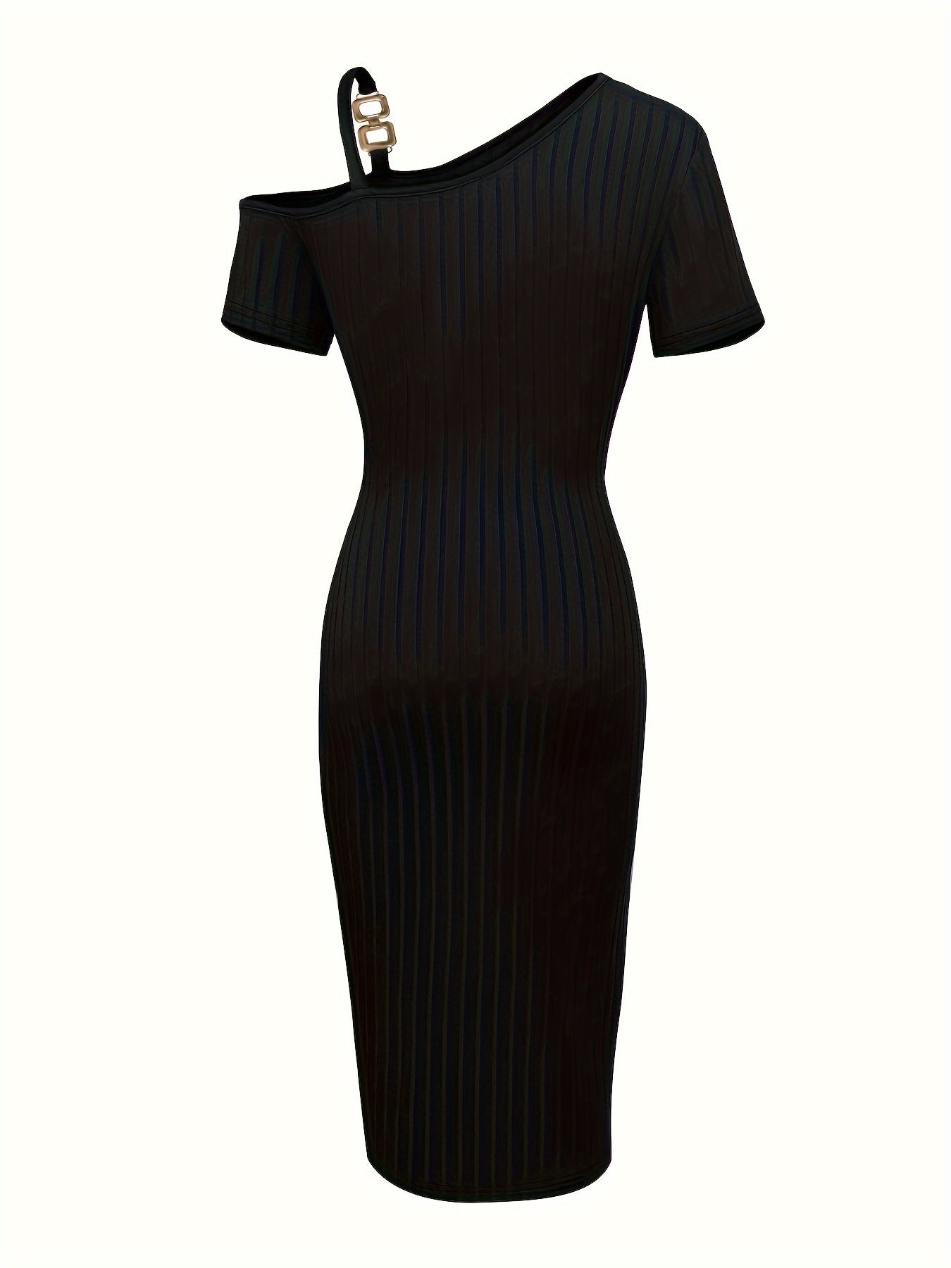 Exquisite Cold Shoulder Split Hem Chain Dress - Unique Asymmetrical Silhouette, Comfortable Short Sleeves, Trendy Split Hem Detail, Delicate Chain Embellishments -