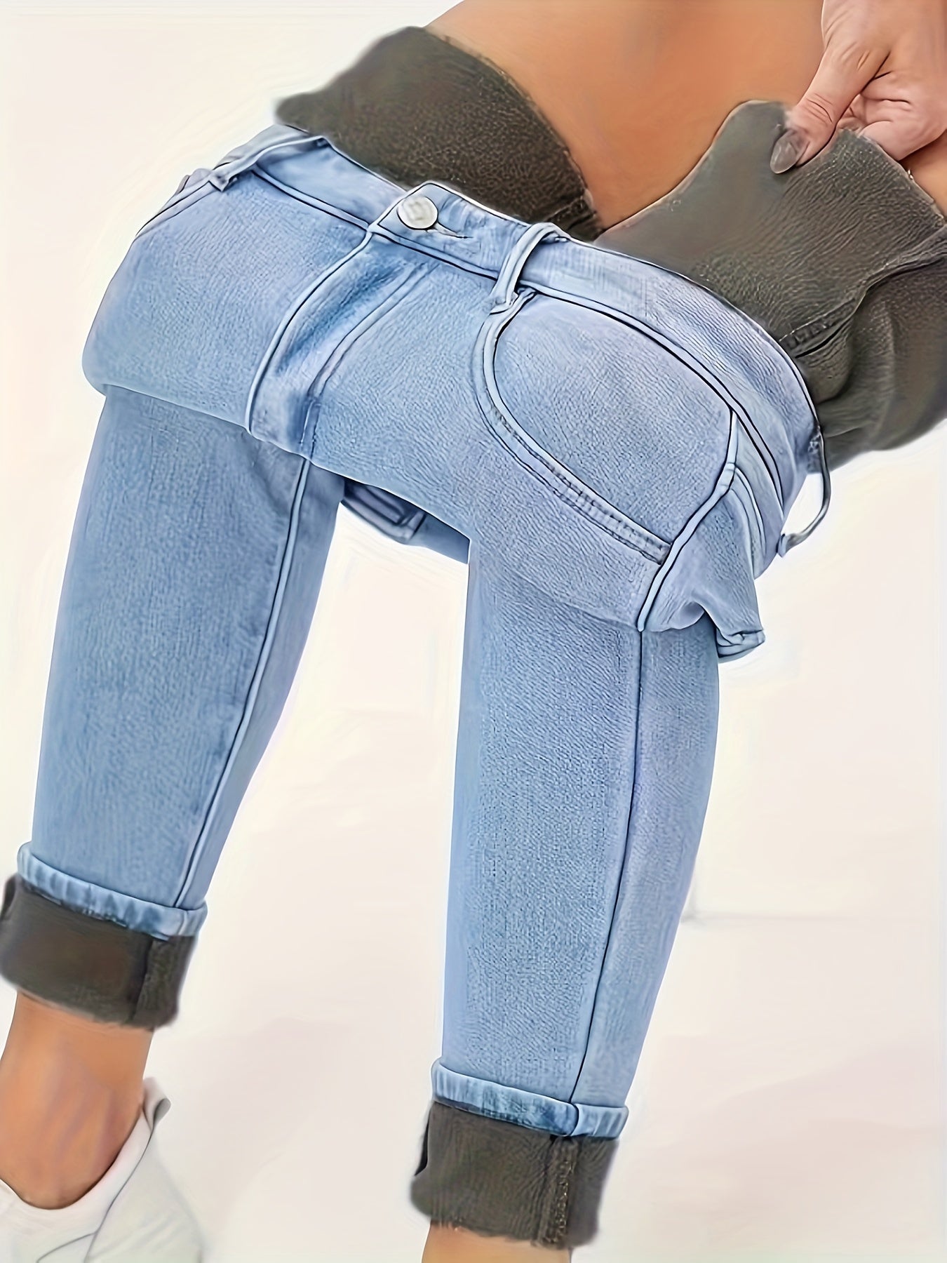 Womens Ultra-Warm Fleece Lined Skinny Jeans - High Waist, Soft Denim, Trendy Wash, Slant Pockets - Premium Winter Wardrobe Essential
