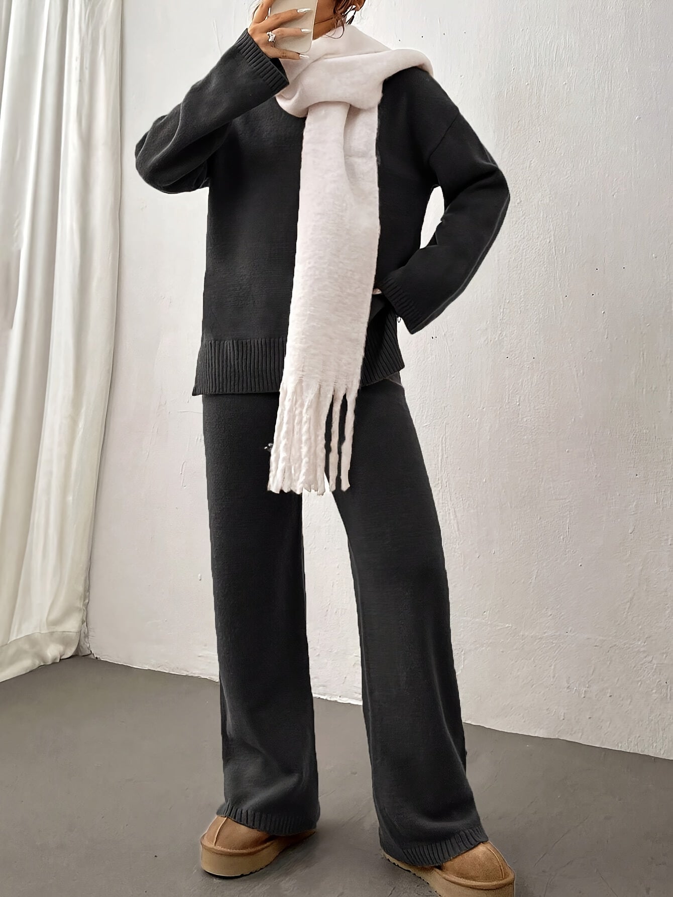 Solid Ribbed Casual Knitted Pantsuits, Crew Neck Drop Shoulder Long Sleeve Sweater & Straight Leg Pants Outfits, Women's Clothing