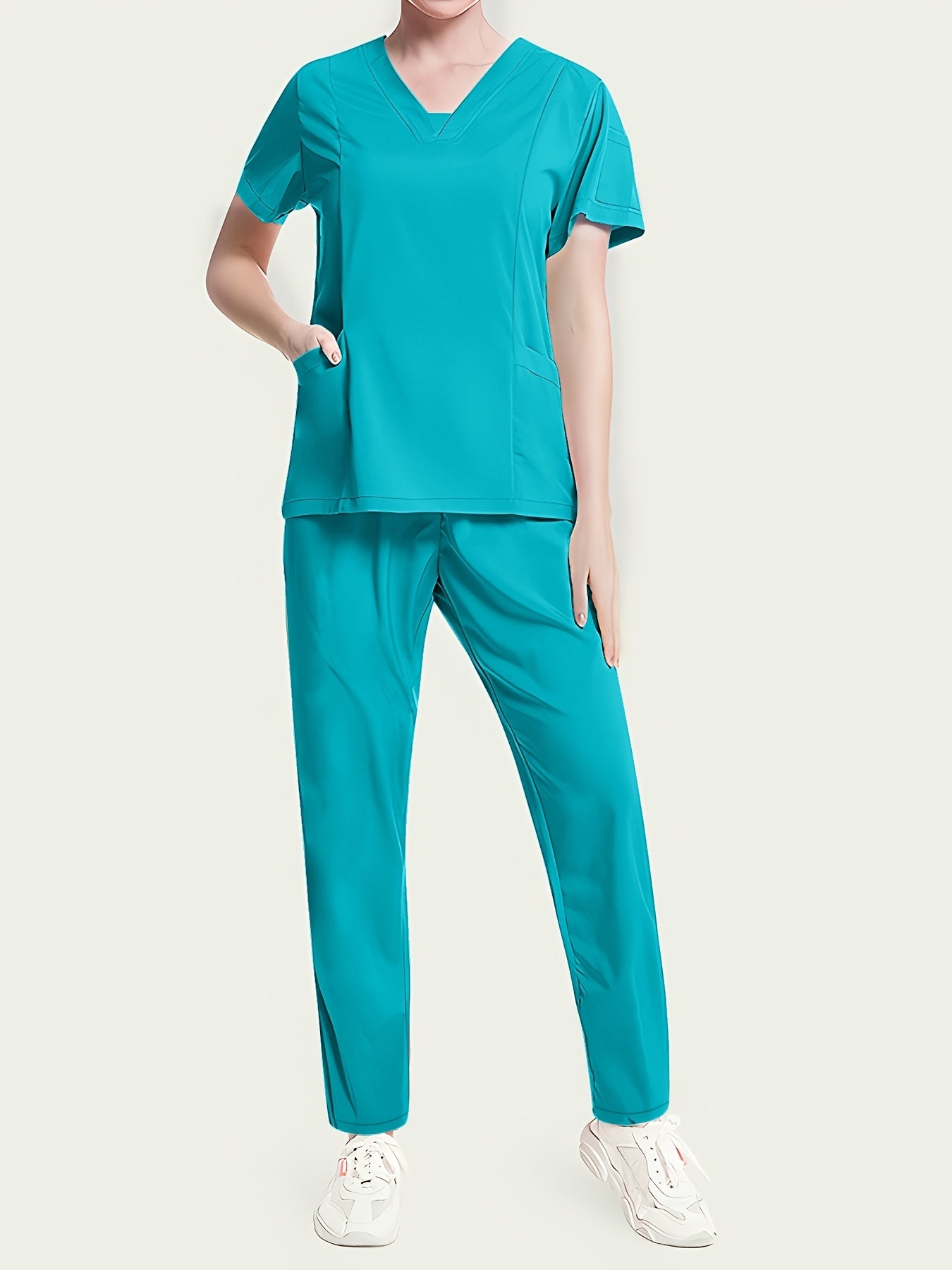 Conjunto médico de dos piezas con cuello en V, manga corta y pantalones elásticos, cómodo y de ajuste cómodo para mujeres | Uniformes médicos duraderos y de fácil cuidado para profesionales de la salud