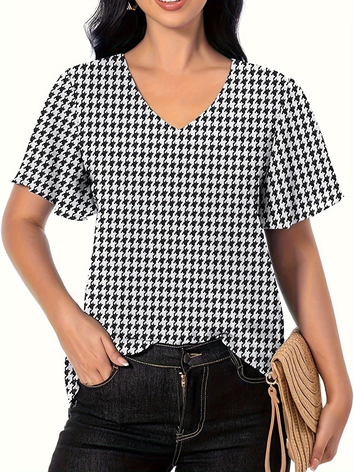 Houndstooth Print V Neck Blouse, Elegant Ruffle Sleeve Blouse For Spring & Summer, Women's Clothing