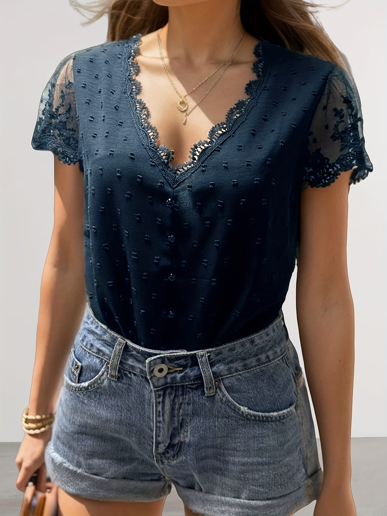 Swiss Dot Contrast Lace Blouse, Vacation V-neck Short Sleeve Button Front Blouse, Women's Clothing