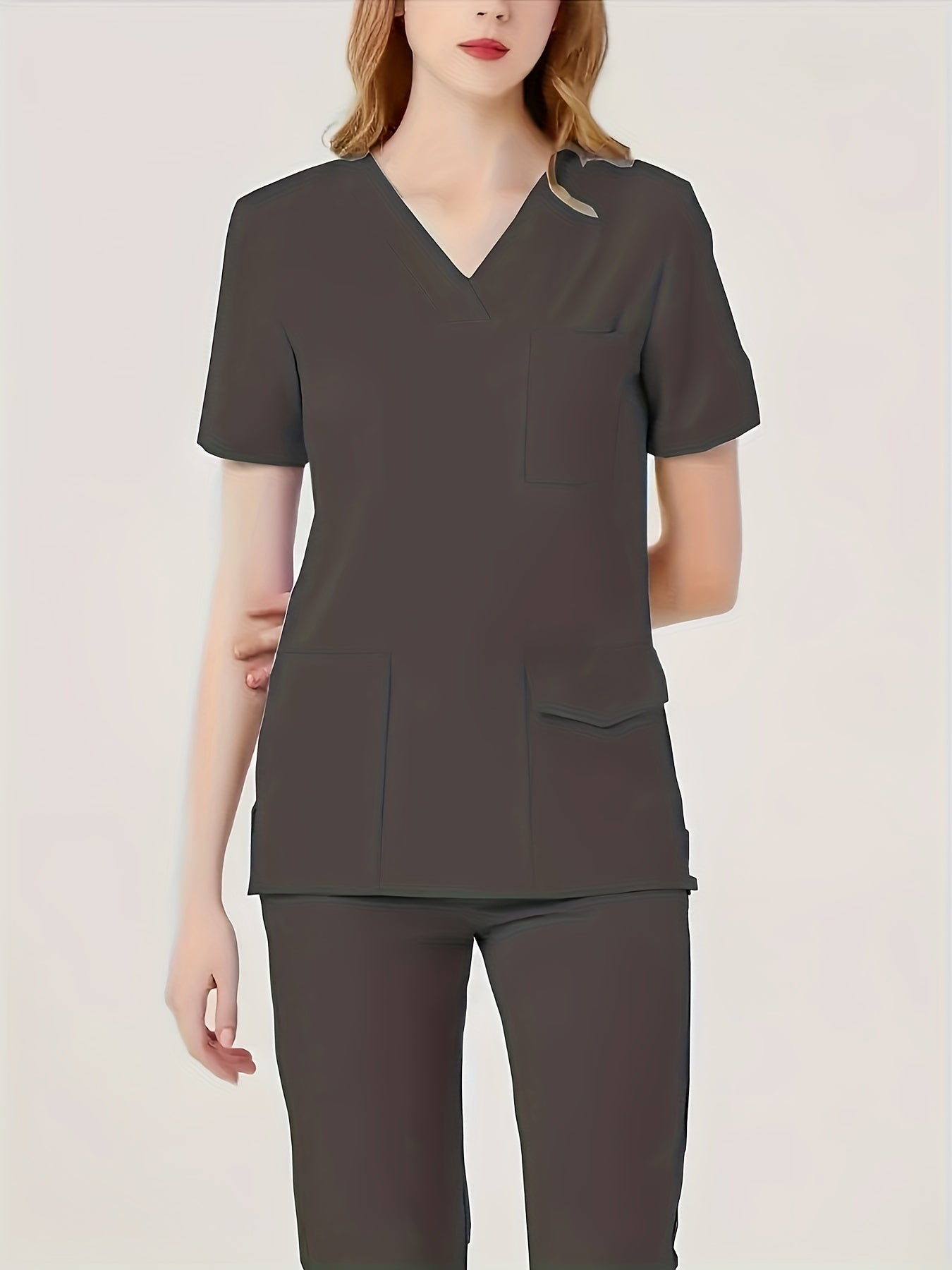 Ultra-Soft Womens Two-Piece Health Care Uniform Set - Stylish V-Neck Top With Practical Pockets & Sleek Solid Pants - Premium Quality, Comfortable Everyday Wear For Women