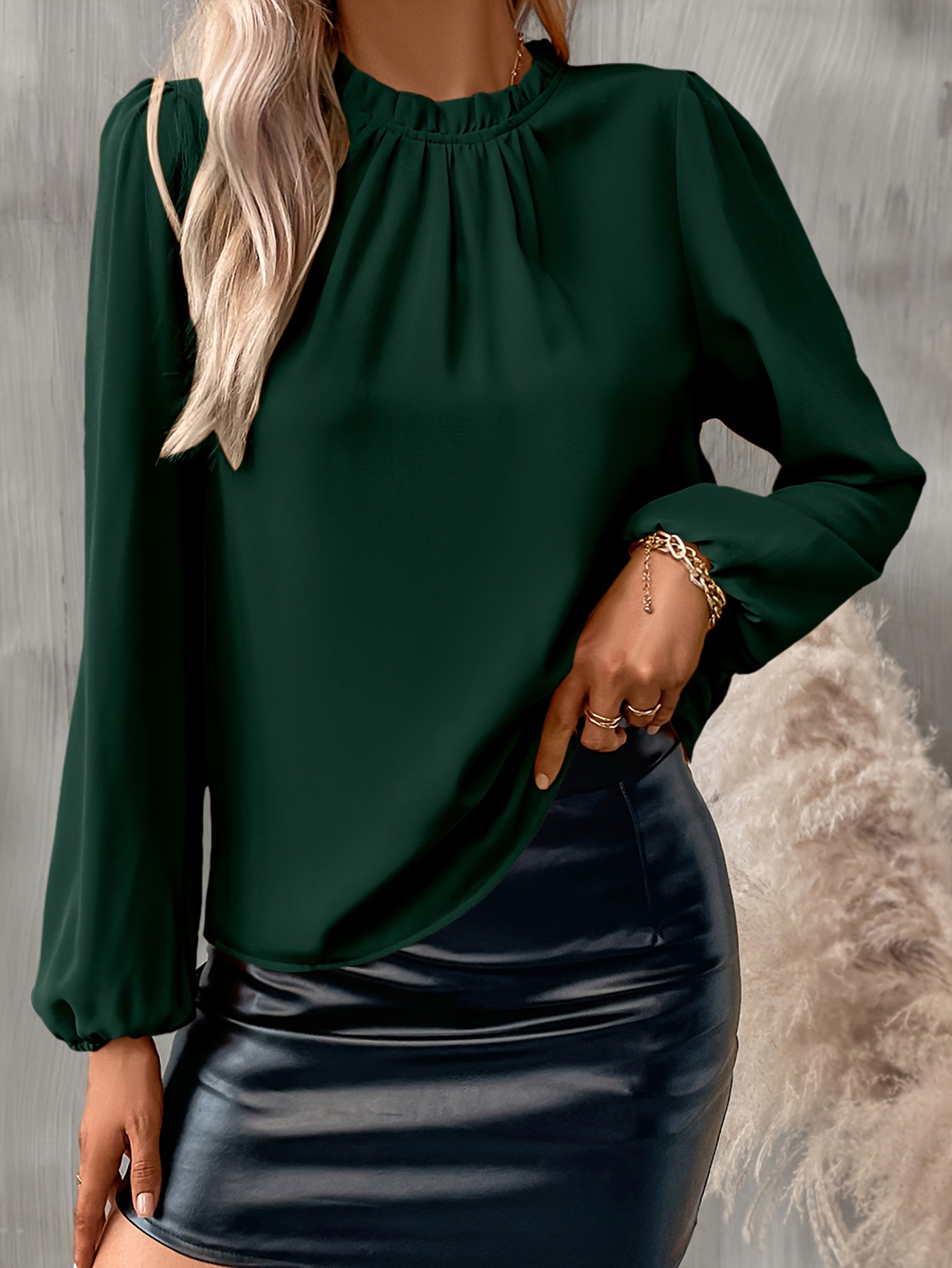 Vibrant Solid Lantern Sleeve Top - Ruffled Crew Neck, Relaxed Fit, Breathable Fabric, Perfect for Spring & Summer, Womens Casual Clothing for Everyday Wear