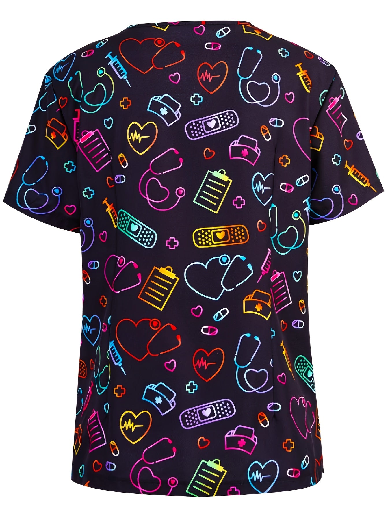 Blusas médicas con cuello en V y estampado de corazones, elegantes uniformes de enfermera con bolsillos de parche y manga corta, ropa para mujer
