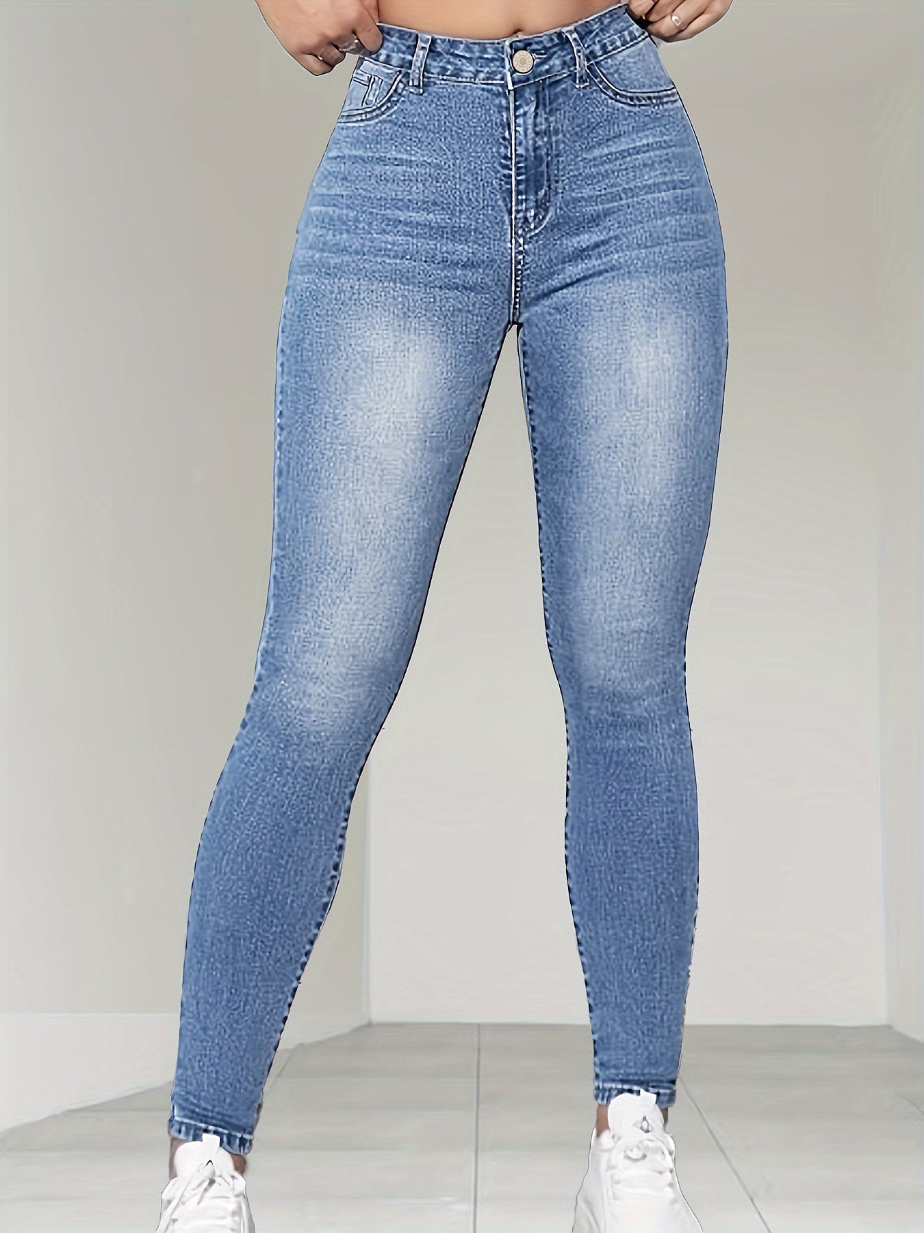 Plus Size Skinny Fit Washed Blue Casual Style Zipper Button Closure Denim Pants, Women's Denim Jeans & Clothing