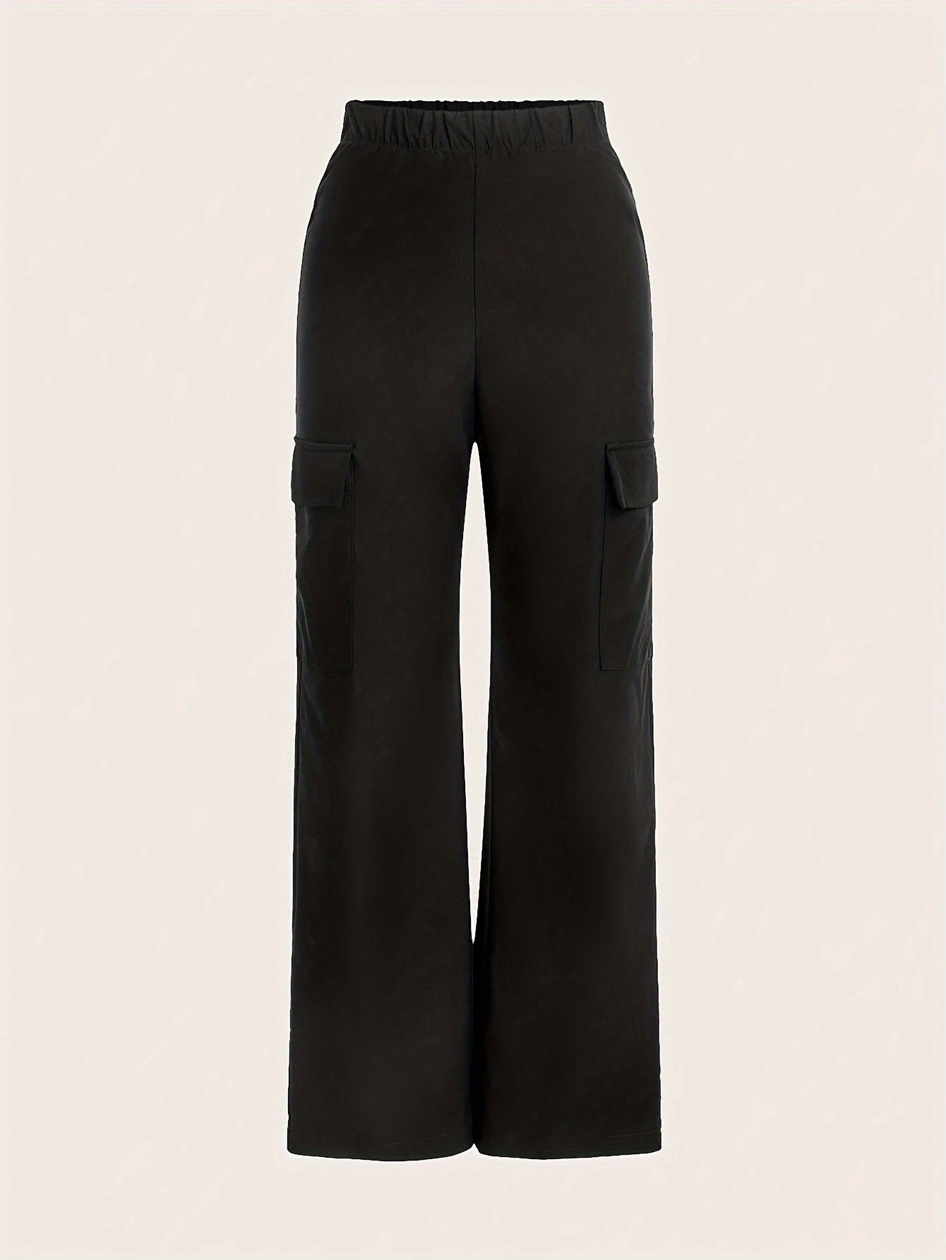 Women's Casual Polyester Wide Leg Cargo Pants with Elastic Waist and Flap Pockets