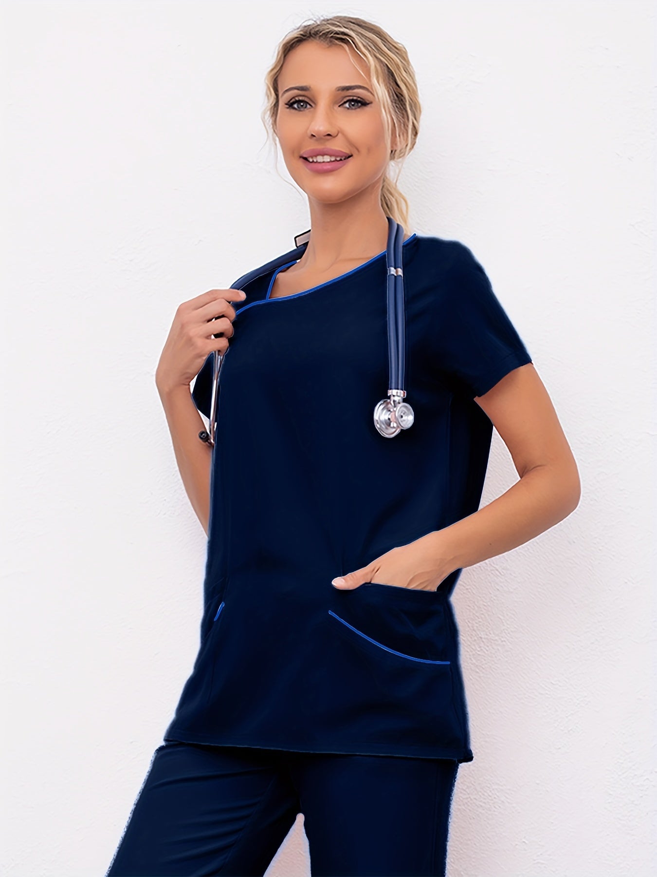 Camiseta de quirófano cómoda con cuello en V para mujer, manga corta, suave y profesional, perfecta para enfermeras, médicos y personal sanitario, prenda básica para el trabajo diario