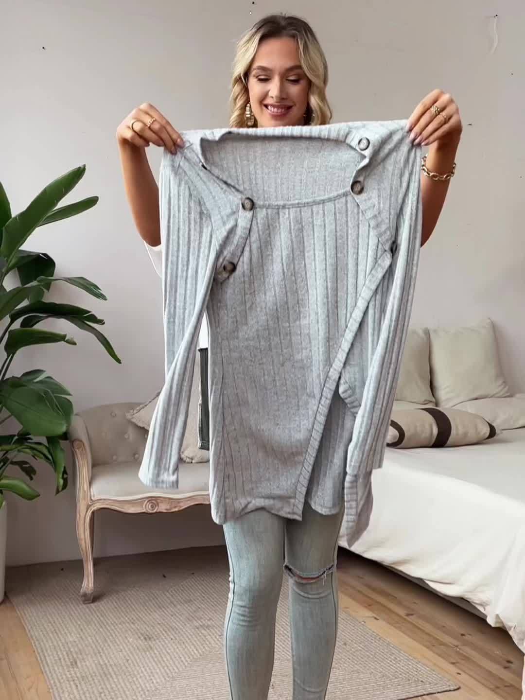 Chic Ribbed Long Sleeve Top with Unique Button Accent - Asymmetrical Hem - Perfect for Womens Spring & Fall Fashion