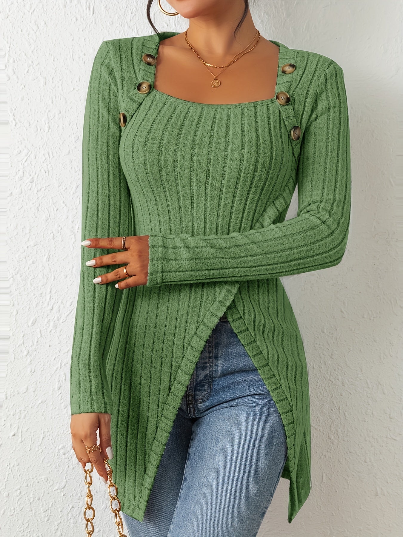 Chic Ribbed Long Sleeve Top with Unique Button Accent - Asymmetrical Hem - Perfect for Womens Spring & Fall Fashion