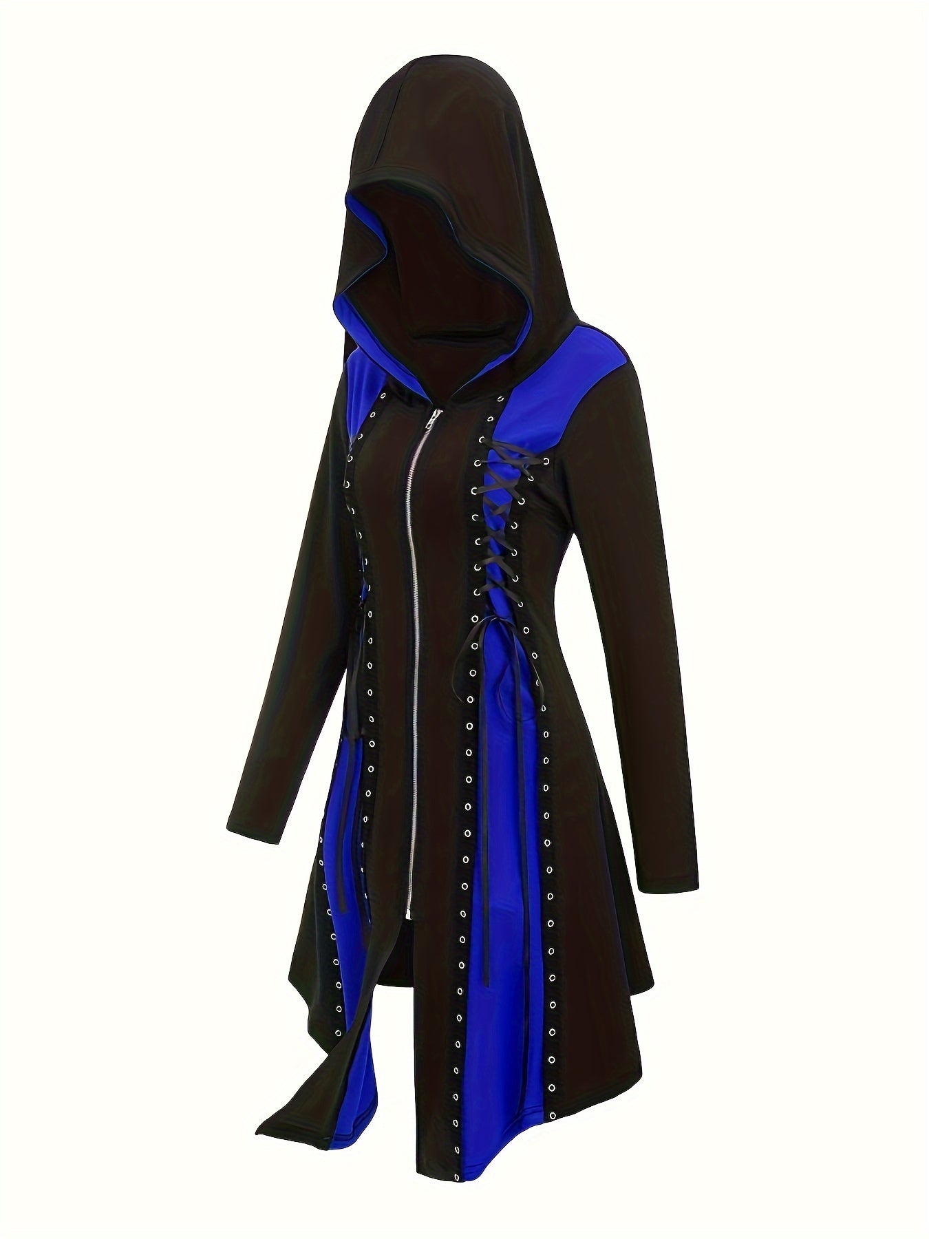 Plus Size Colorblock Zip Front Hooded Dress, Vintage Gothic Eyelet Detail Long Sleeve Dress, Women's Plus Size Clothing