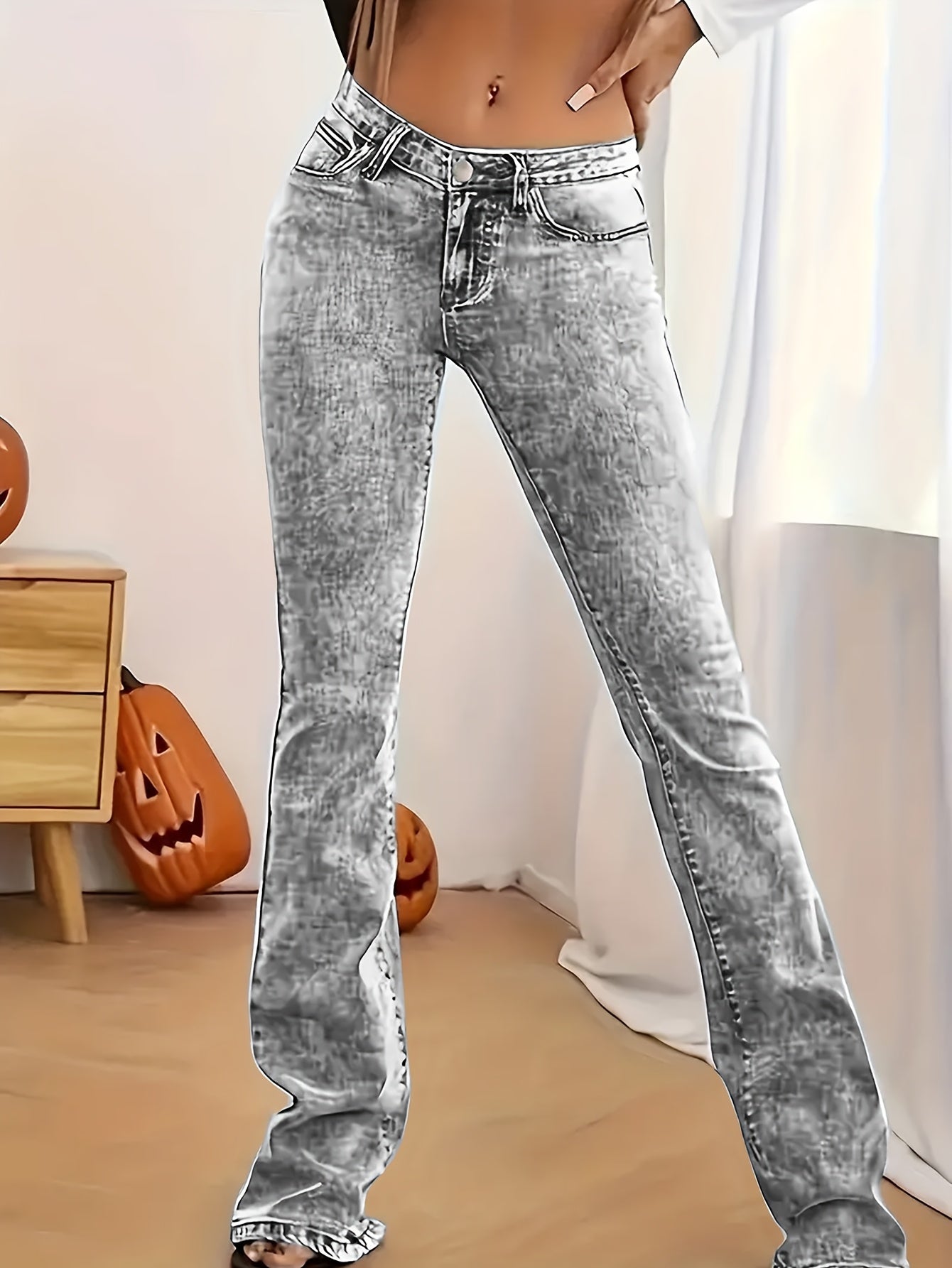 Women'S Casual Skinny Flare Jeans, 70% Viscose 24% Polyester 6% Spandex, Long Length, Low Waist, Button Fly, Medium Stretch