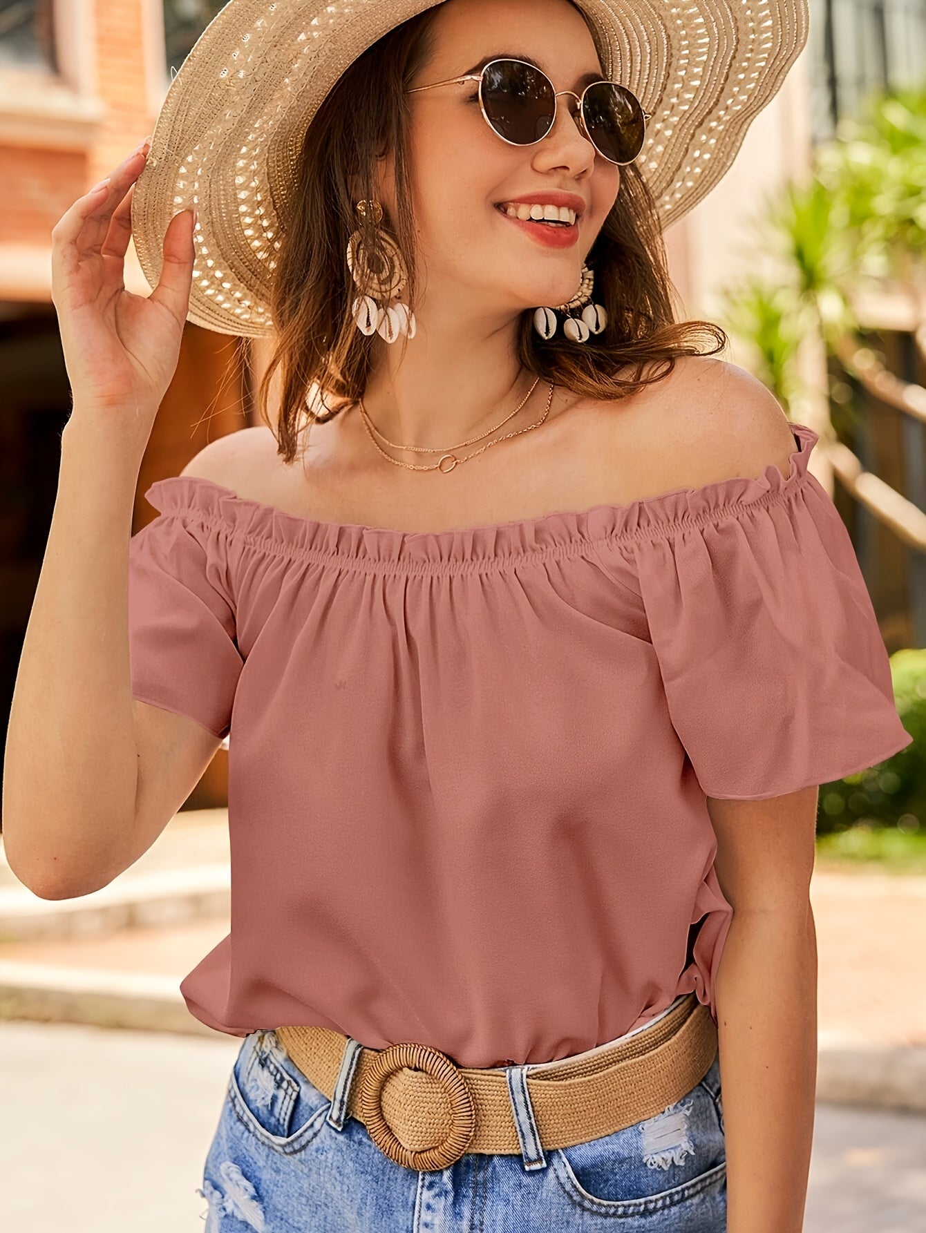 Blusa elegante con hombros descubiertos para mujer: camisa de color sólido 100 % poliéster con dobladillo con volados, tejida, para todas las estaciones