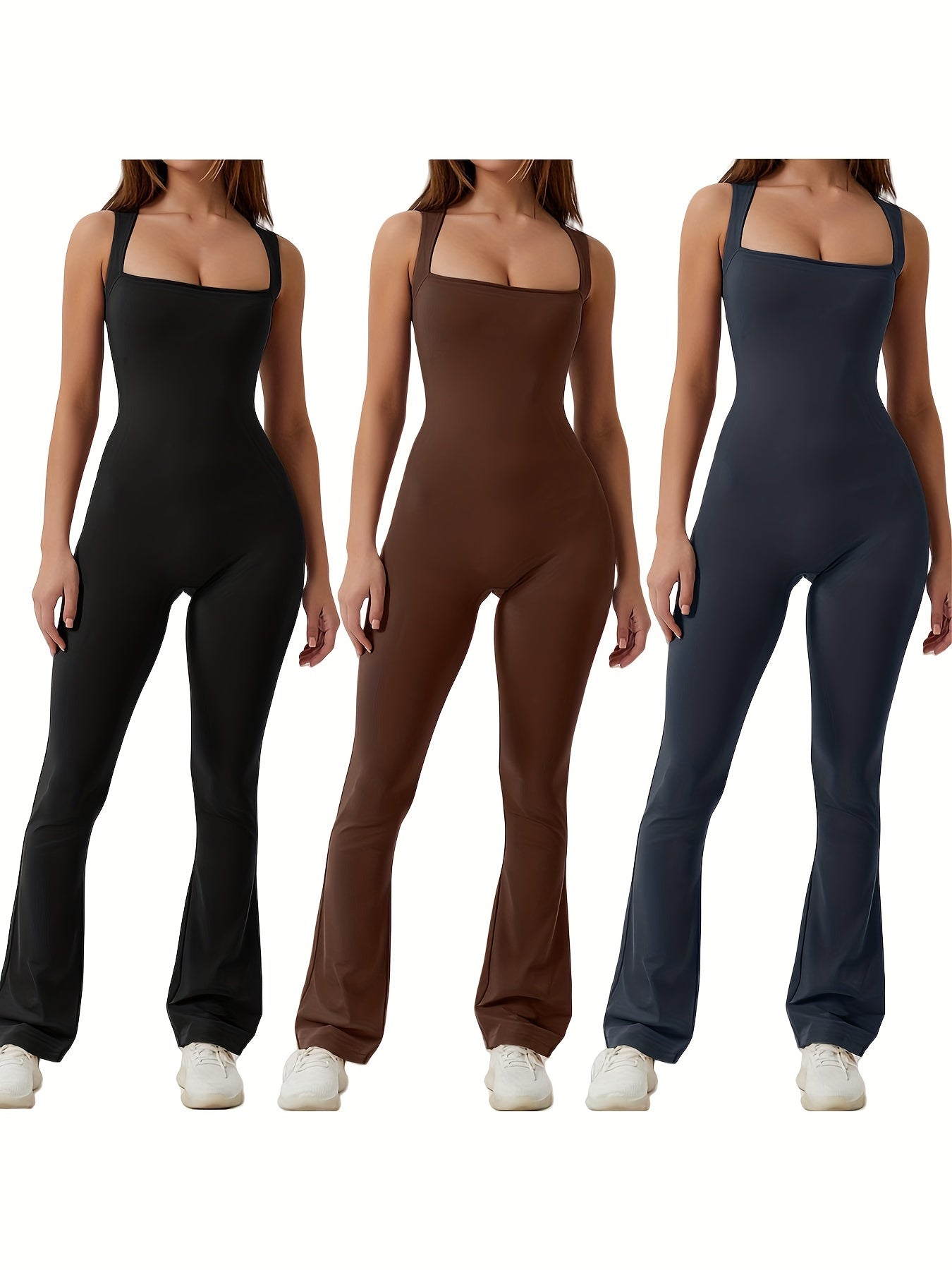 Mono elástico con escote cuadrado y acampanado: diseño elegante sin mangas, ropa informal cómoda para primavera y verano: ropa de corte ajustado para mujer para vacaciones, actividades al aire libre y vida diaria