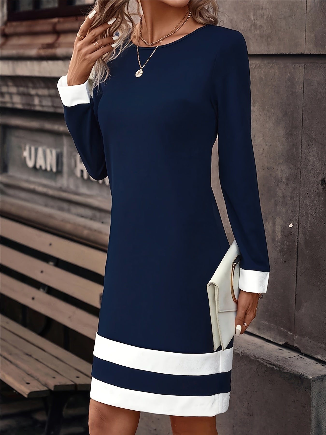 Vestido ajustado de cuello redondo y manga larga a rayas: corte elegante y ajustado, tejido de poliéster microelástico, lavable a máquina, patrón de patchwork, estilo personalizado para mujer, perfecto para las estaciones de primavera y otoño