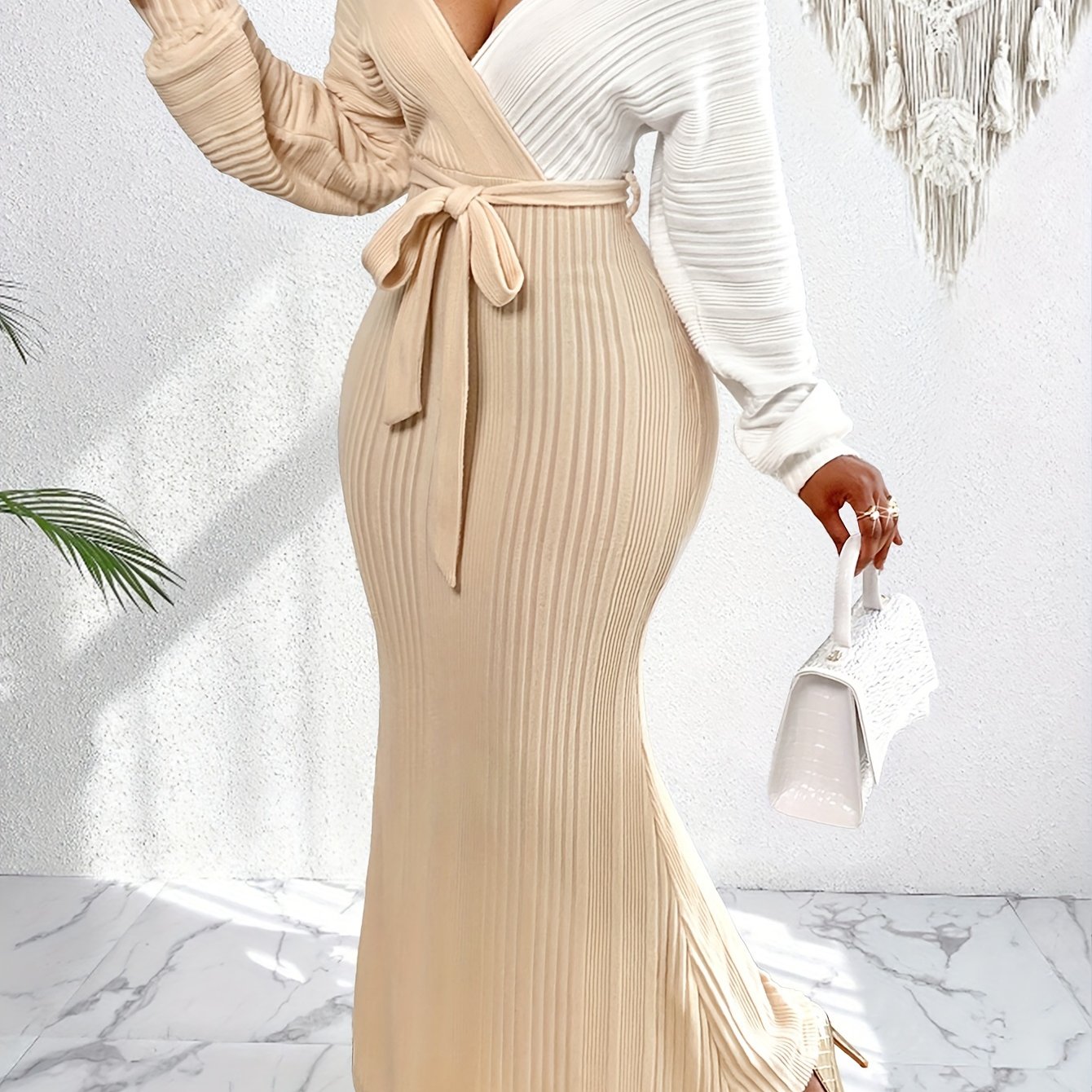 Vestido con escote cruzado y manga larga en bloques de color, elegante vestido ajustado con cinturón para primavera y otoño, ropa de mujer