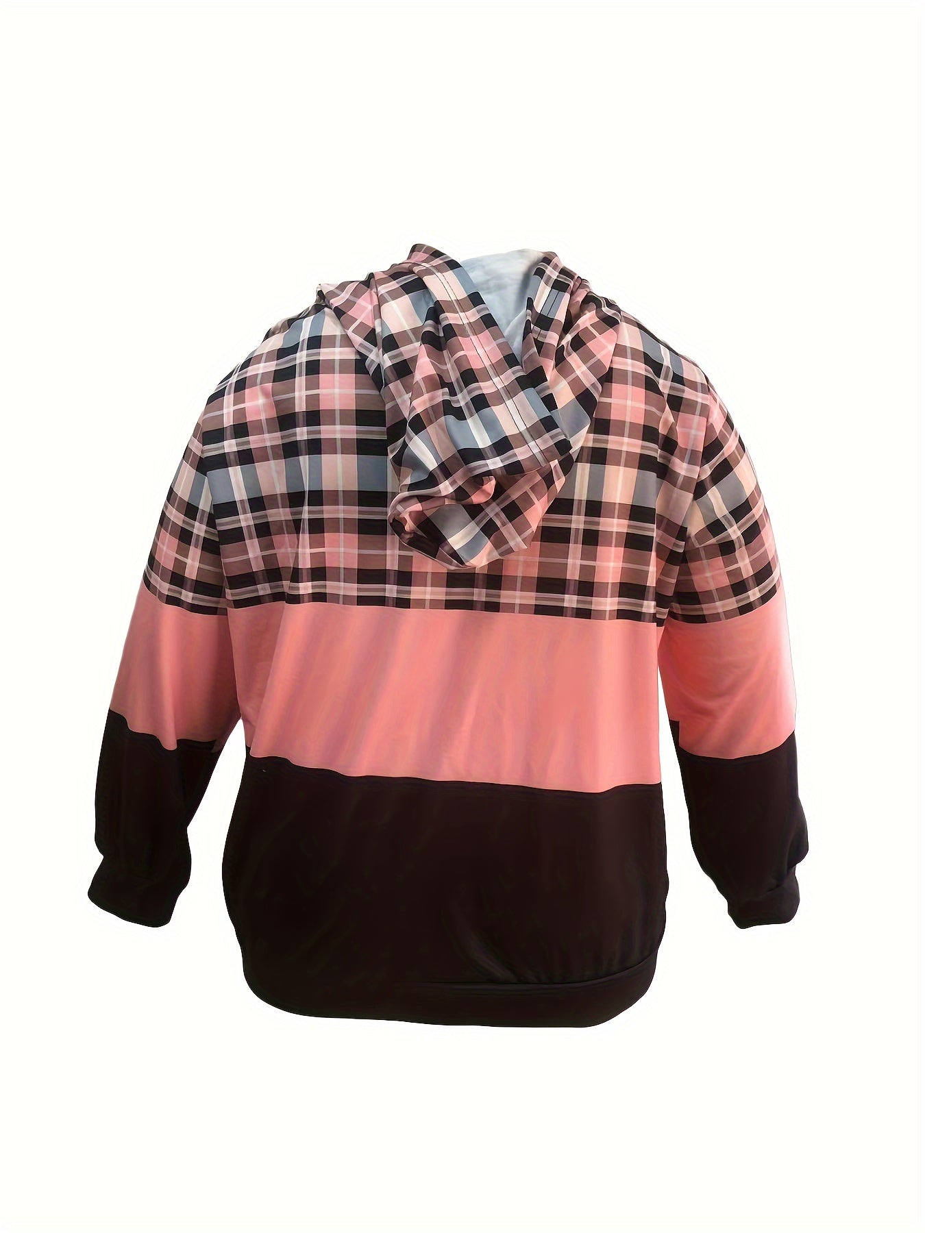 Plus Size Casual Sweatshirt - Designed for Women with Curvy Figures, Vibrant Colorblock Plaid Print, Long Sleeve for Extra Coverage and Comfort, Adjustable Drawstring Hood, Perfect for Casual Occasions