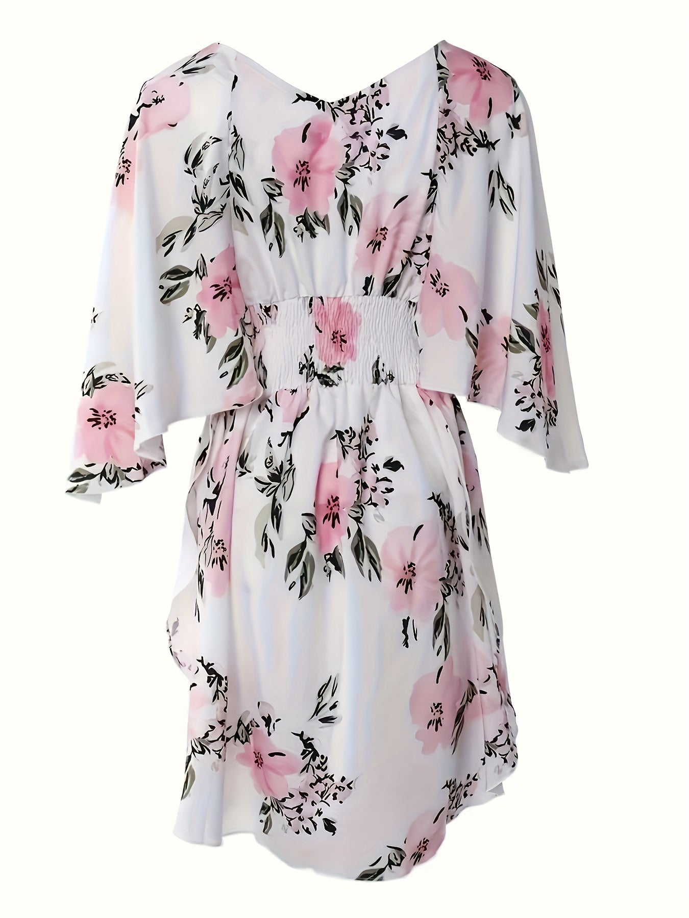 Plus Size Elegant Floral Print V-Neck Shirred Waist Dress - Flowy Irregular Hem, Comfortable and Breathable, Perfect for Spring and Summer, Womens Plus Size Clothing for Outdoor and Casual Occasions