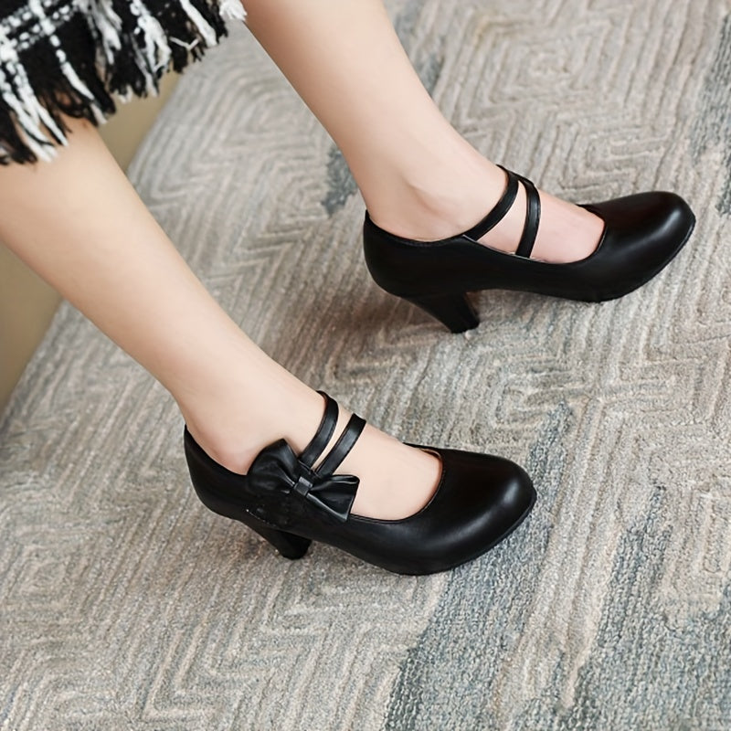 Chic Womens Bow Accent High Heel Pumps - Dashing Solid Colors, Chunky Comfort Heels for All-Occasion Glamour - Perfect Dress Shoes for Uniform Style
