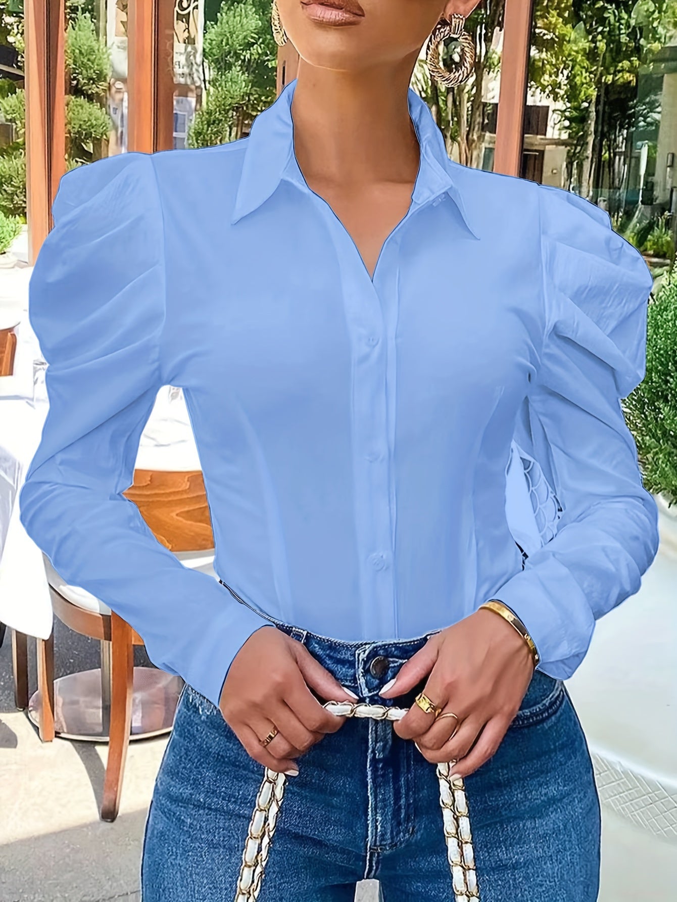 Elegant Slim-Fit Puff Sleeve Shirt | Versatile Year-round Style, Semi-Sheer Woven Fabric, Single-Button Closure - Women's Fashion