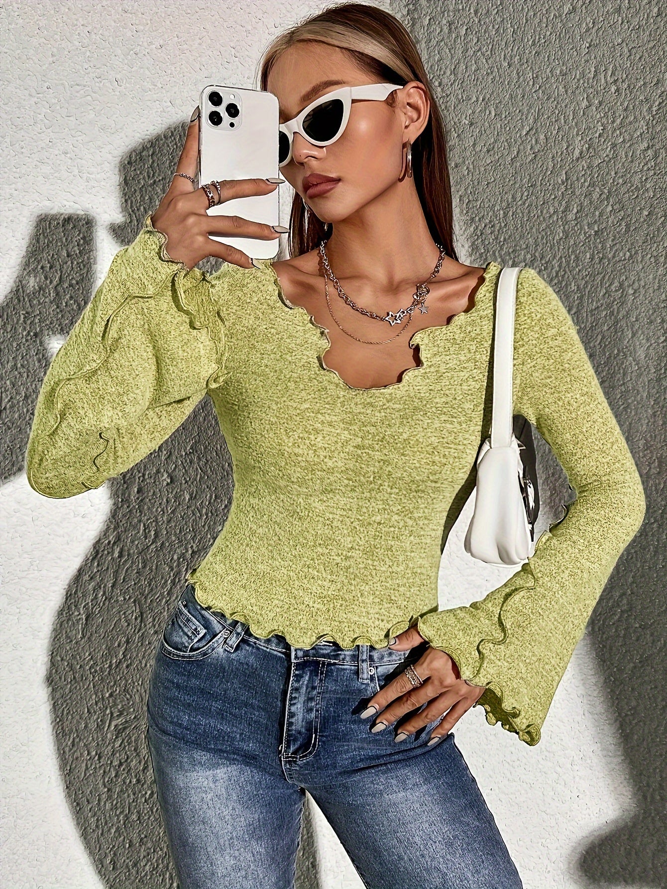 Versatile Solid Notched Neck Slim Fit T-Shirt - Stylish Body-Skimming Design with Trendy Lettuce Trim Flare Sleeves - Perfect for Women in Spring & Fall Seasons