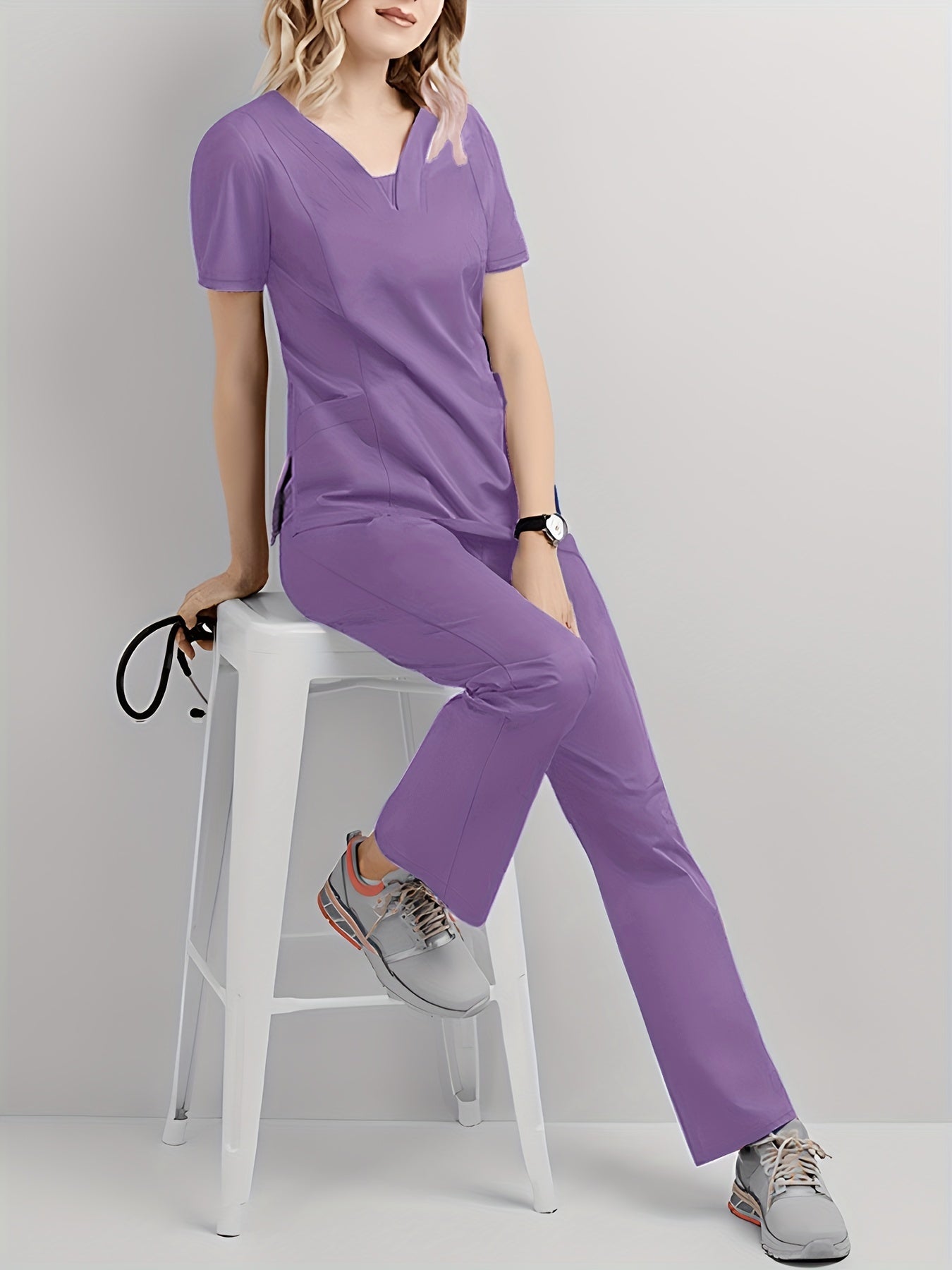 Conjunto médico de dos piezas con cuello en V, manga corta y pantalones elásticos, cómodo y de ajuste cómodo para mujeres | Uniformes médicos duraderos y de fácil cuidado para profesionales de la salud