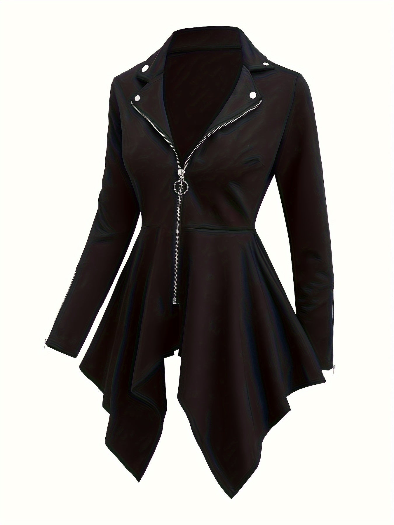 Women's Gothic Long Sleeve Zipper Jacket, Polyester Knit, Vintage Style, Solid Color, Notched Collar, Sleeveless, Spring/Autumn, Casual Outerwear
