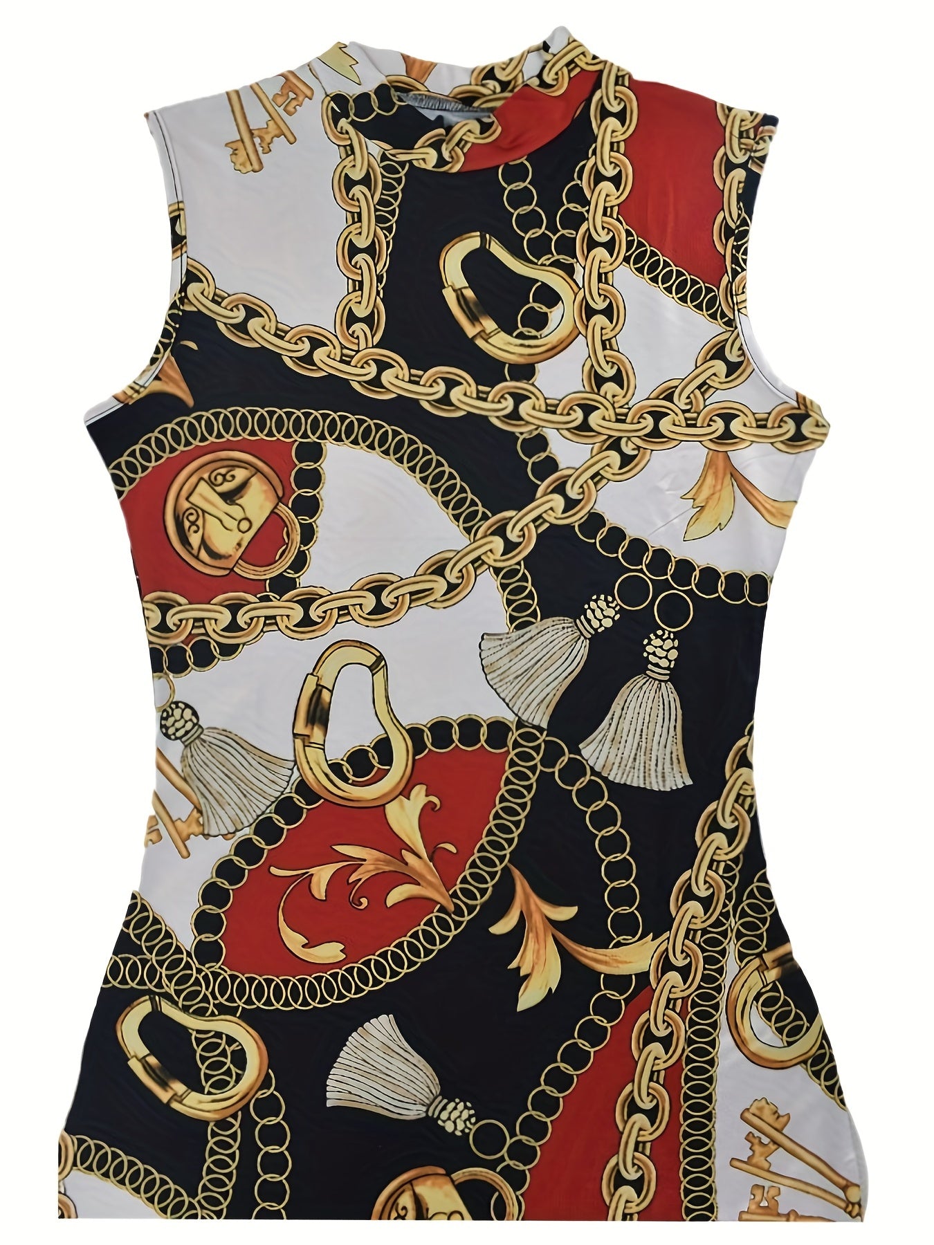 Chain Print Casual Midi Bodycon Dress - Crew Neck, Sleeveless, Easy-Care, All-Season Comfort with Stretch