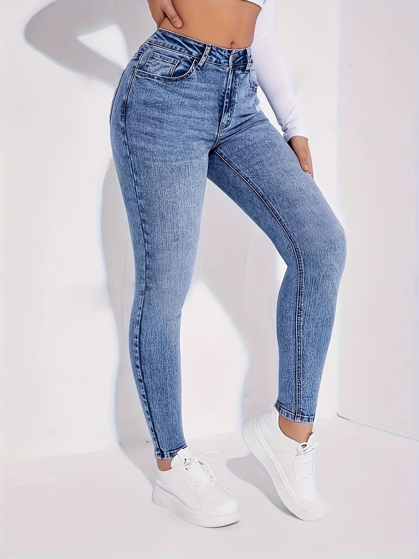 Women'S High Waist Stretch Skinny Jeans - Slim Fit, Butt Lifting, Blue Denim For Casual Everyday Wear