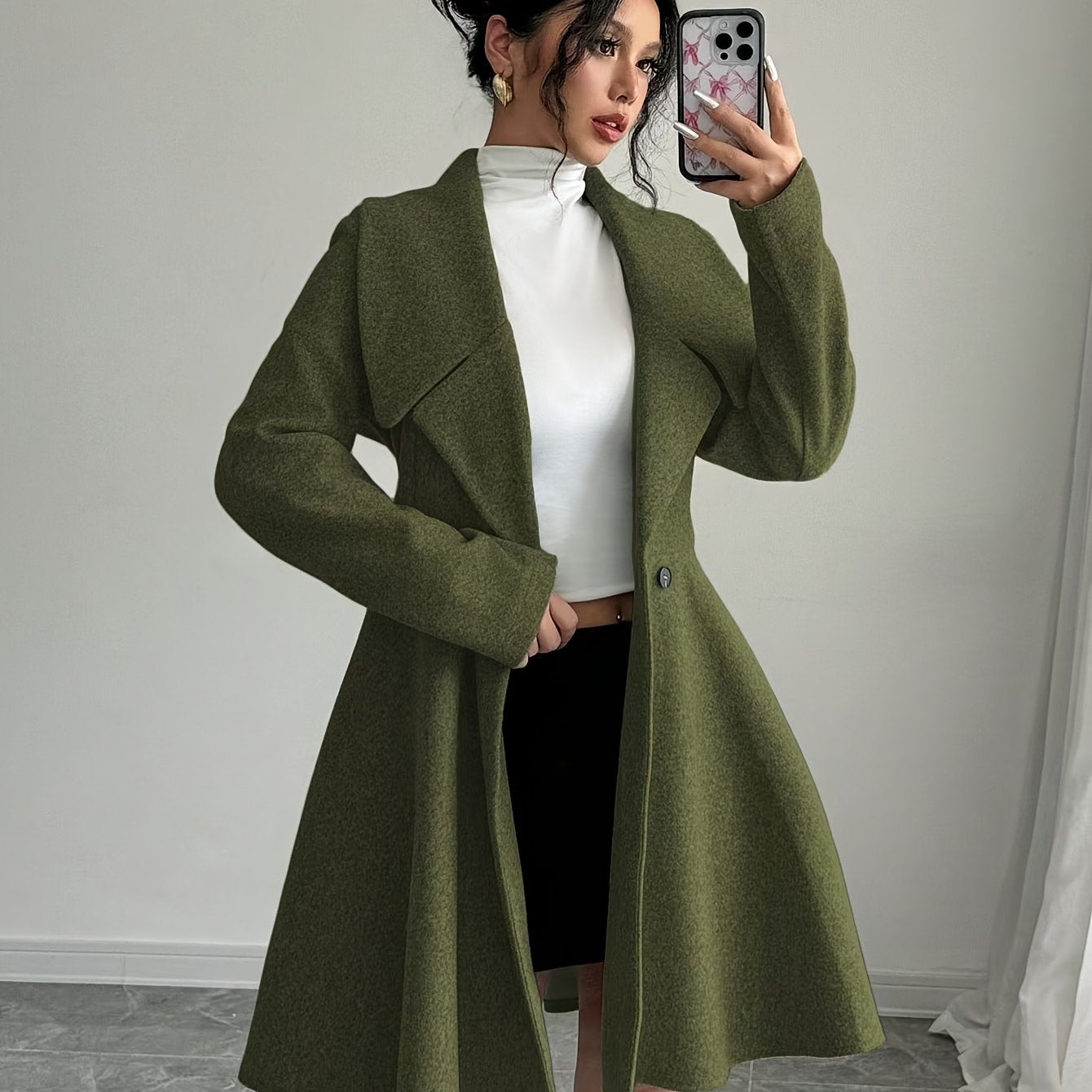 1 abrigo elegante de mujer de color liso con cuello alto, manga larga y doble botonadura, tejido de poliéster para otoño/invierno con detalle de botones