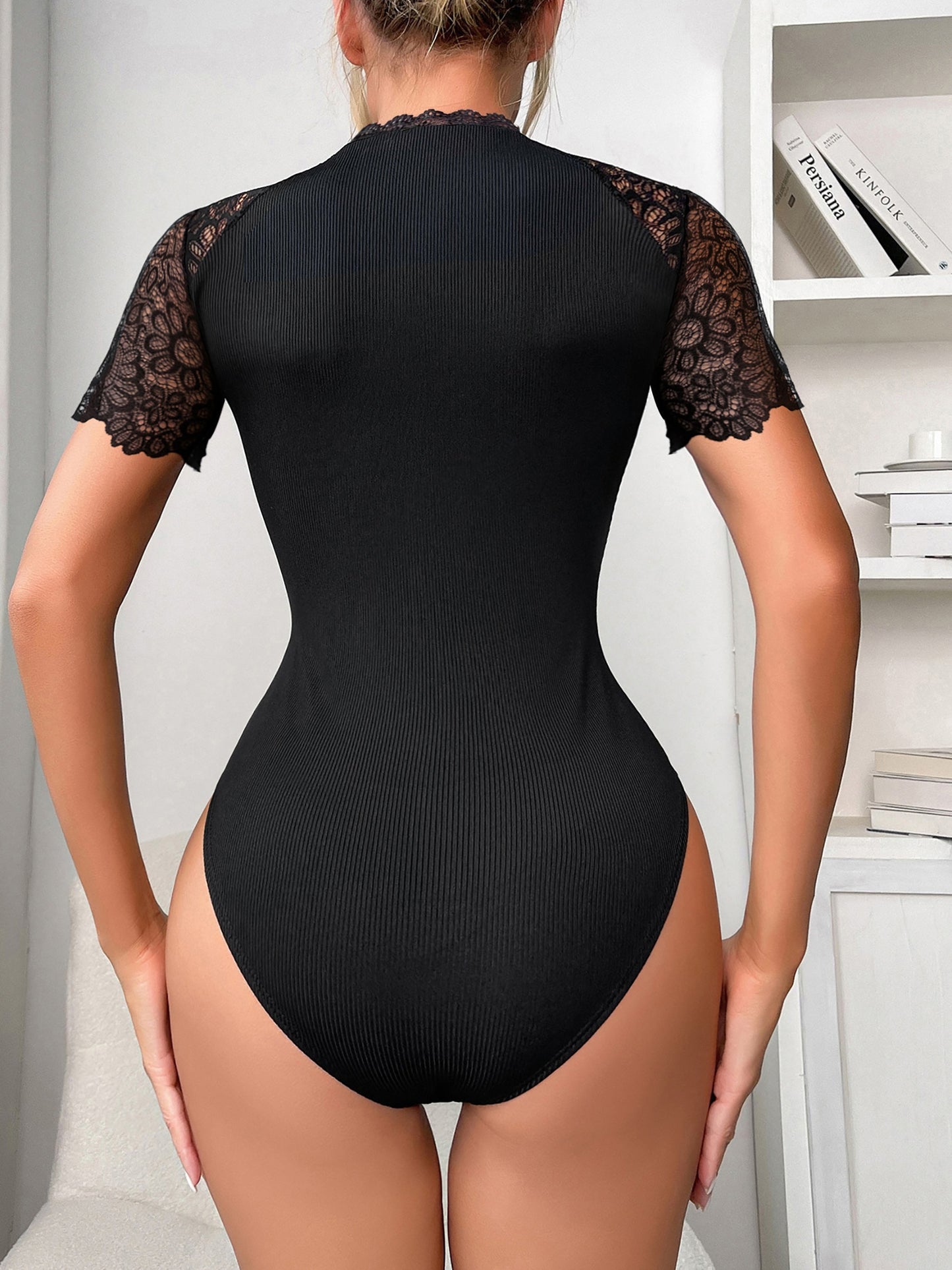 Chic Contrast Lace Bodysuit - Short Sleeve, Casual Style - Womens Slim Fit Fashion Essential